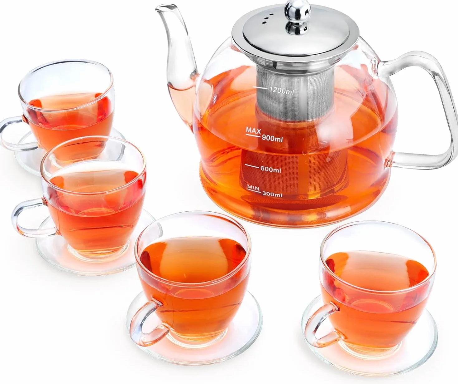 Zestaw szklanek do herbaty, 1200 ml, serwis do herbaty, 4 szklanki, szkło borokrzemowe, dzbanek do herbaty z sitkiem, zestaw do herbaty na luźne liście, dzbanek do herbaty