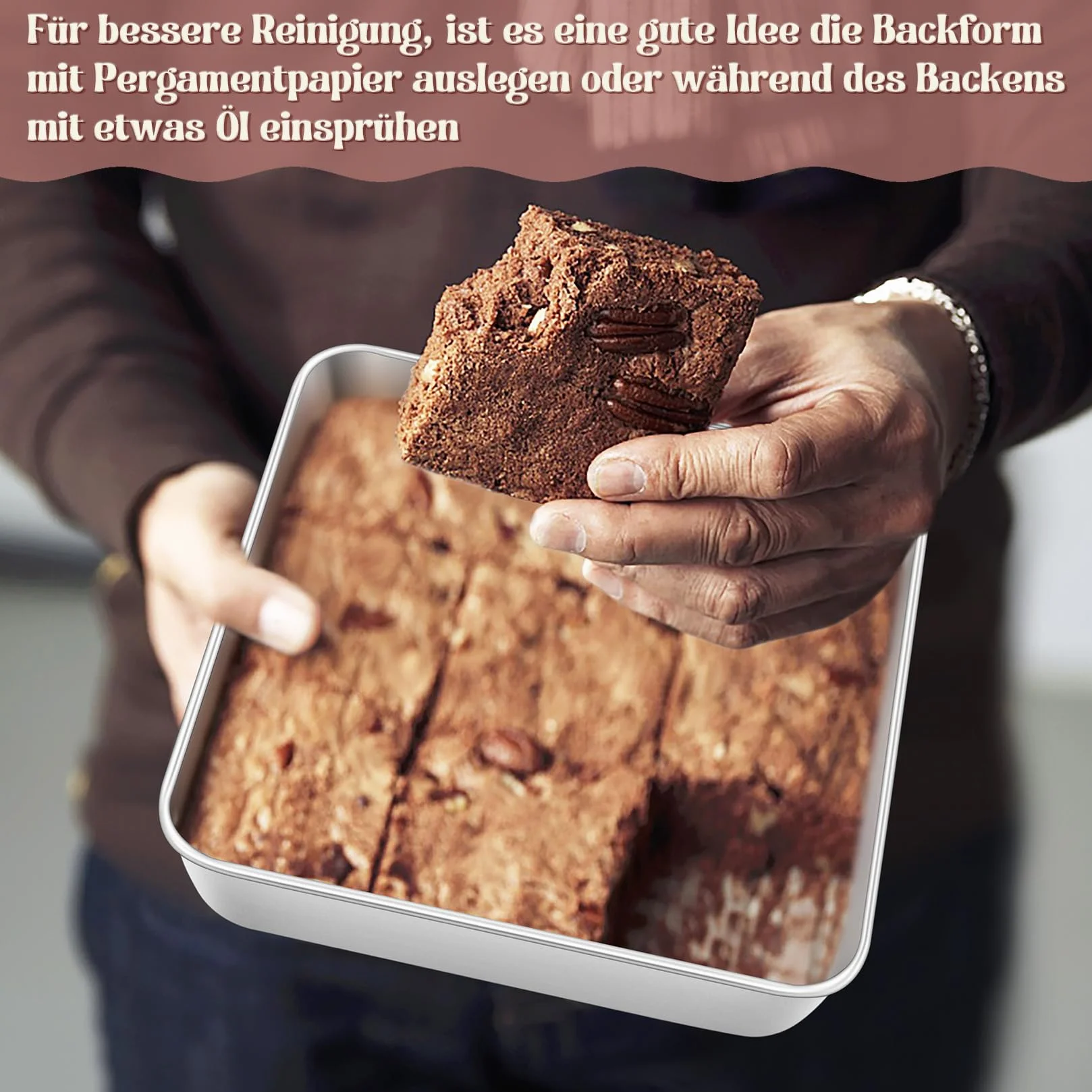 Onader kwadratowa forma do ciasta, ze stali nierdzewnej, prostokątna forma do zapiekania, zestaw 2 sztuk, 21,1 x 21,1 x 5 cm, idealna do brownie/lasagne/ciasta, nietoksyczna i nadaje się do mycia w