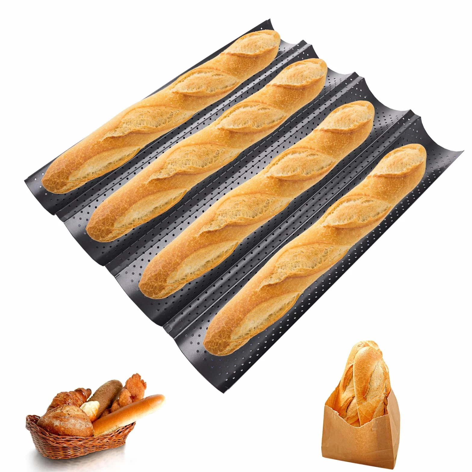 ASelected Blacha do pieczenia bagietek, z powłoką zapobiegającą przywieraniu, forma do pieczenia bagietek, 4 bagietek, forma do pieczenia chleba, perforowana, blacha bagietek, bułeczki z 4