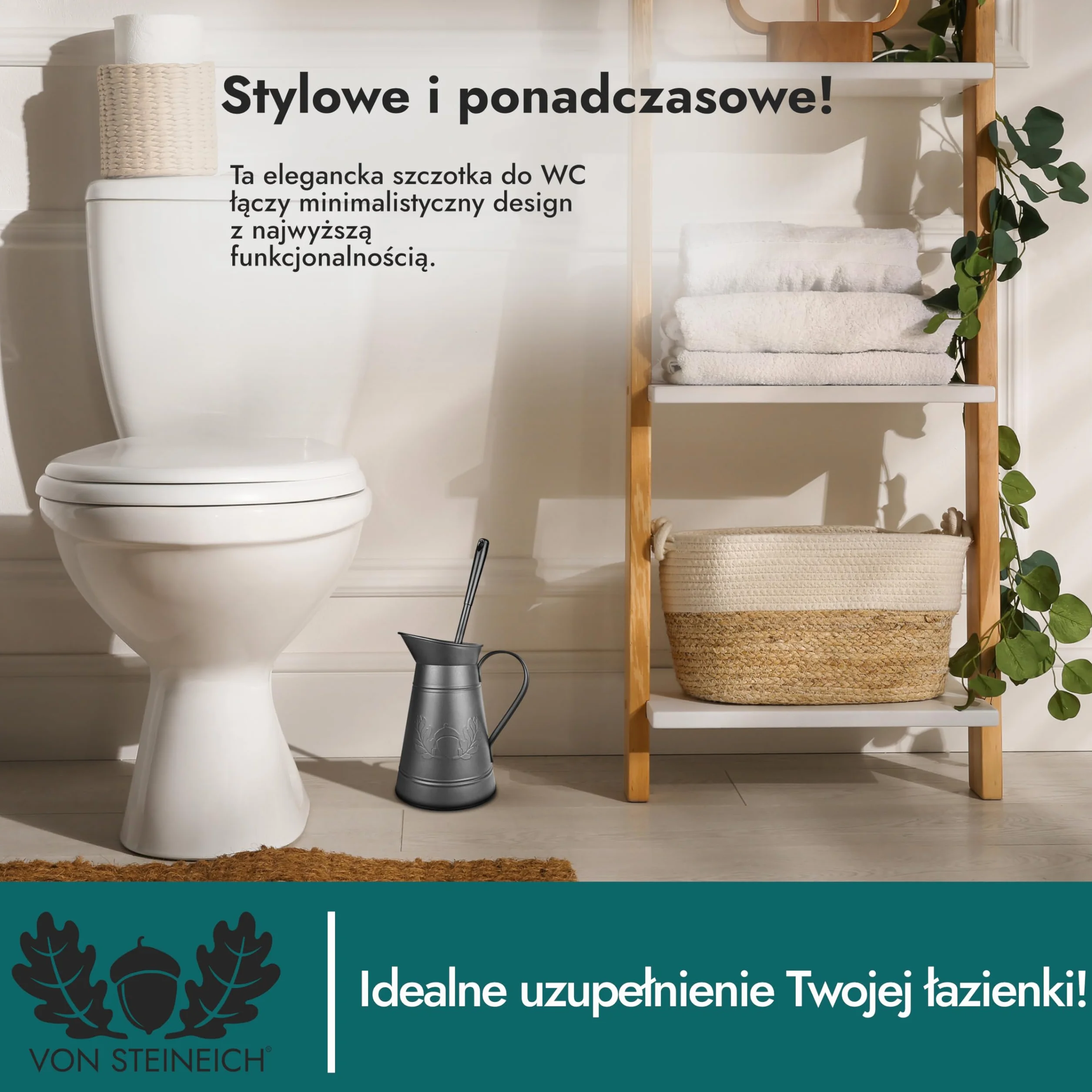 Szczotka toaletowa – metalowy dzbanek (czarny) – nierdzewna szczotka do WC – dekoracja retro i vintage do łazienki