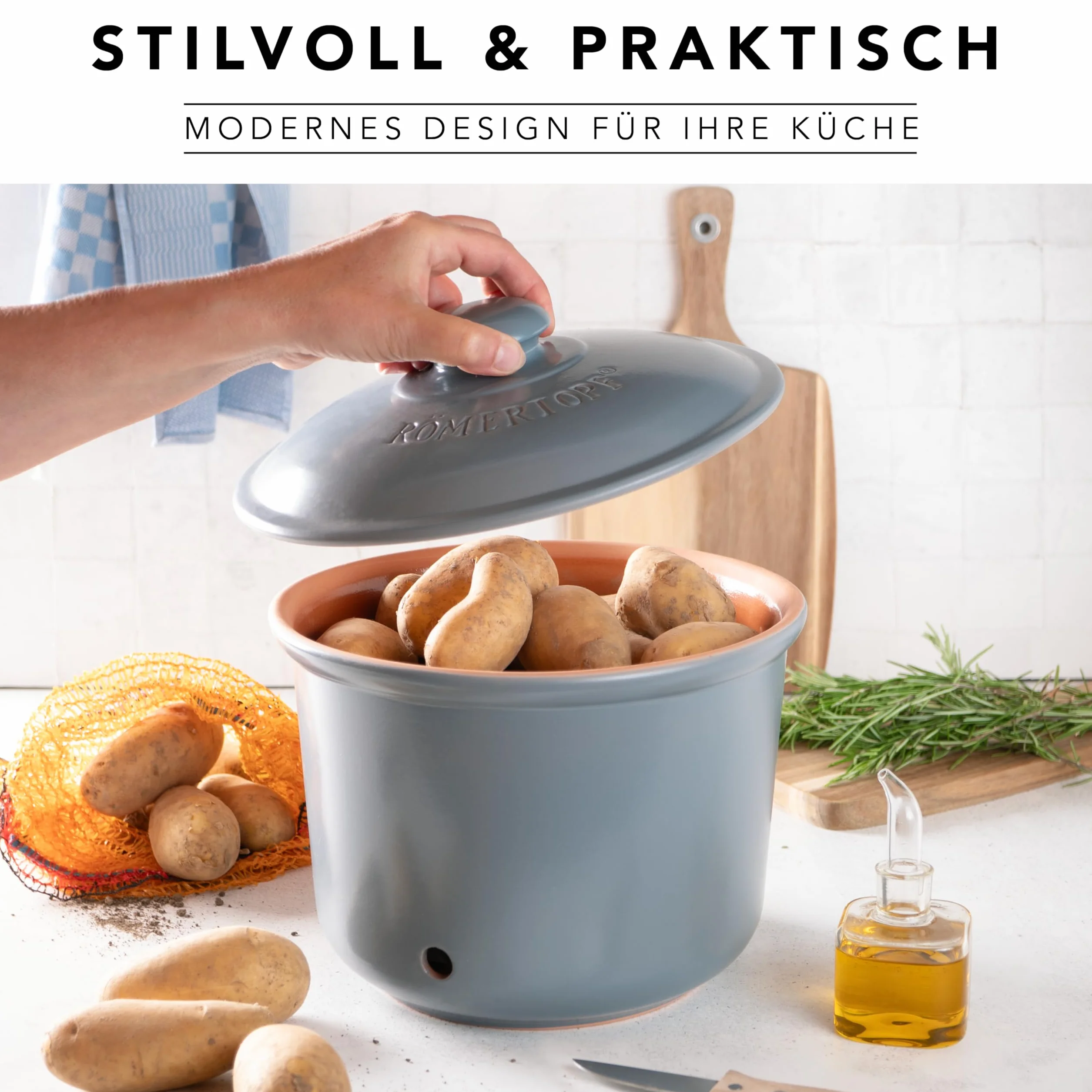 Römertopf pojemnik na zapasy Maxi plus świeży garnek z naturalnej gliny zapewnia długi okres przydatności do spożycia żywności, takiej jak np. ziemniaki, Ø 26,0 cm, niebiesko-szary