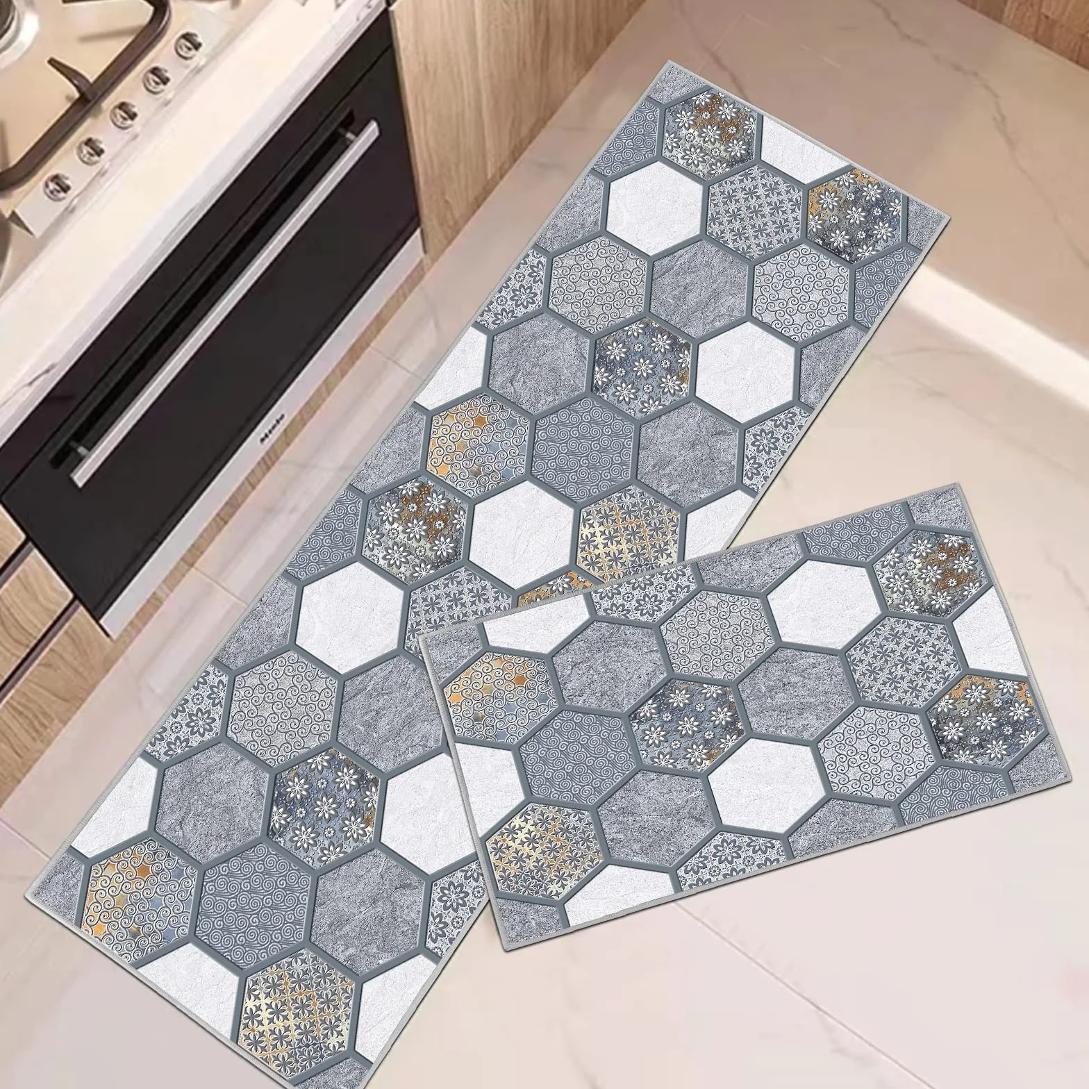 Maty kuchenne antypoślizgowe, zmywalne, dywaniki kuchenne, wycieraczka, dywan, mata podłogowa, 2 sztuki maty kuchenne do dekoracji wnętrz (geometria B, 43 x 75 + 43 x 150 cm)