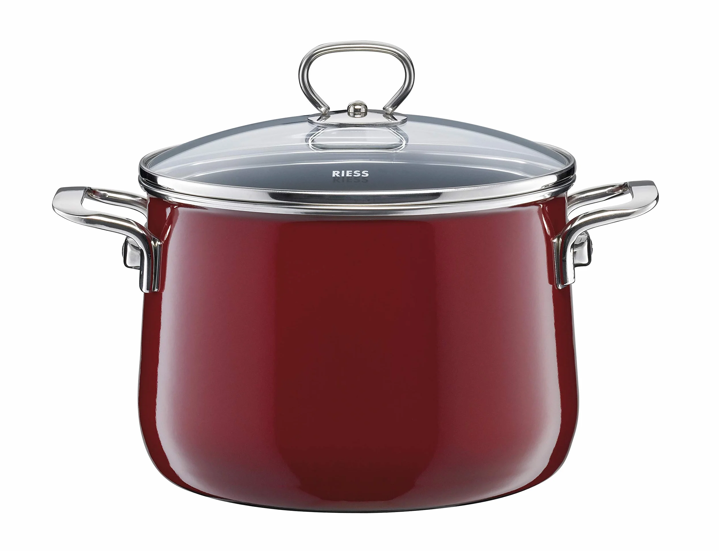 Riess, 0558-008, 5-częściowy zestaw emalii, NOUVELLE, ROSSO EXTRA MOK, składa się z: garnka do mięsa ze szklaną pokrywką 16, 20, 24 cm, rondel ze szklaną pokrywką 20 cm, patelnia emaliowana 28 cm