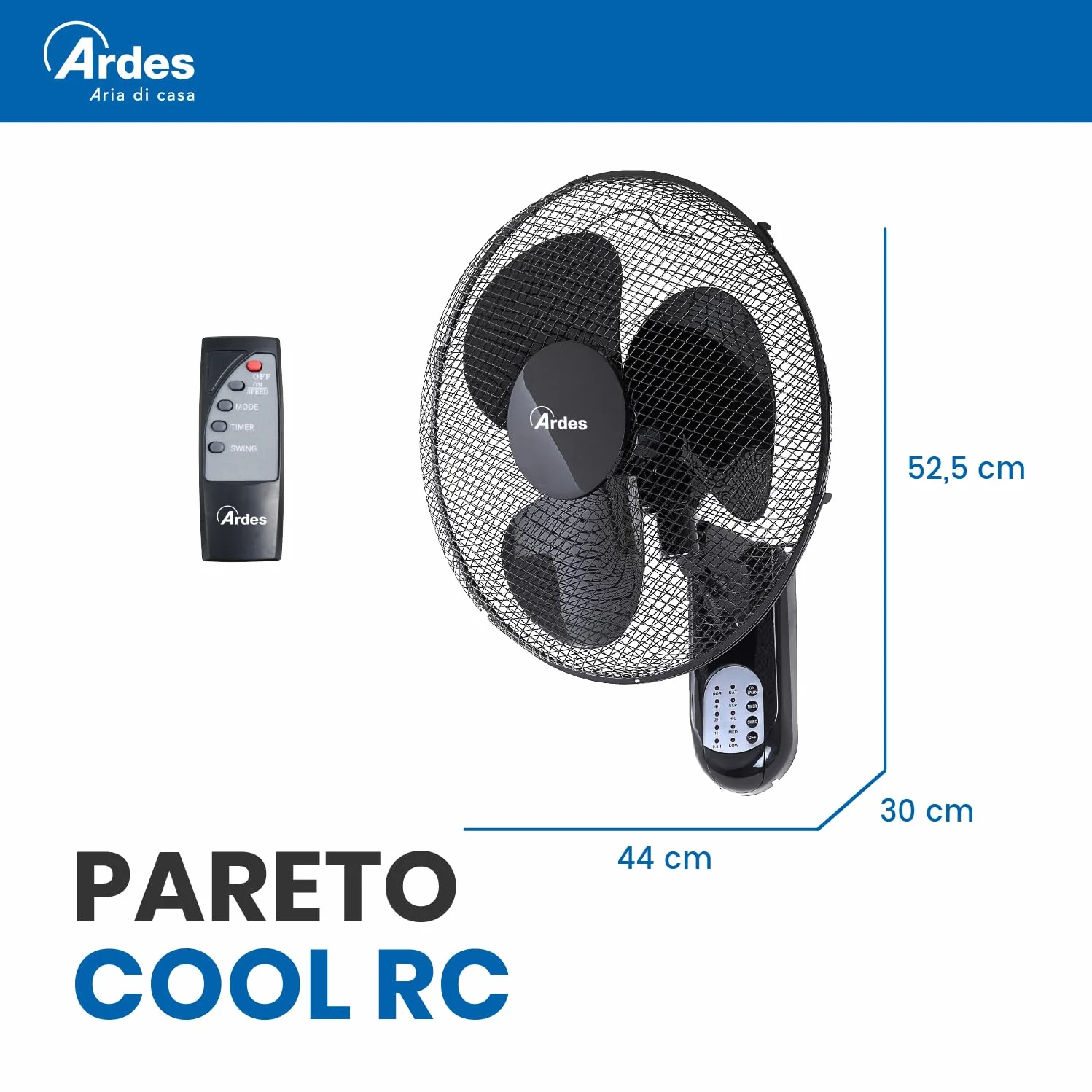 ARDES - Wentylator ścienny z 3 obrotowymi łopatkami (40 cm), pilot zdalnego sterowania, automatyczna oscylacja, regulowany timer i 3 poziomy prędkości, wentylator ścienny, czarny AR5W40R
