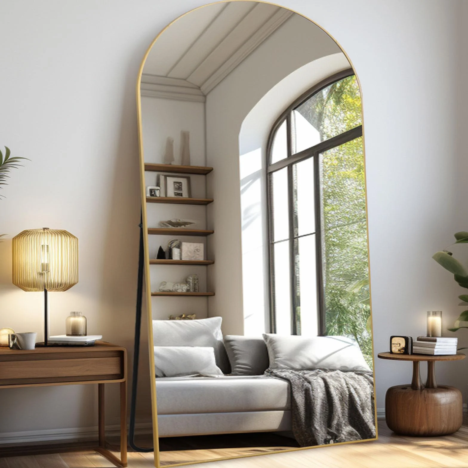 Pełne lustro 204 x 104 cm Łukowane podłogowo Duże lustro podłogowe do sypialni, salonu i przedpokoju, szkło hartowane, złota rama ze stopu aluminium