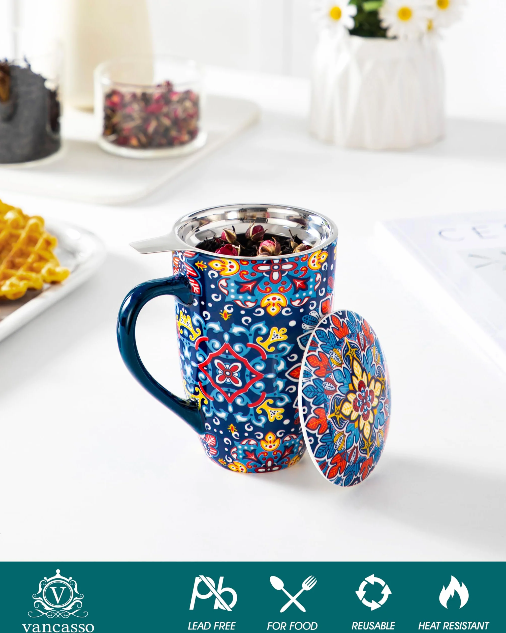 vancasso Filiżanka do herbaty z pokrywką i sitkiem, 540 ml, ceramiczna filiżanka do herbaty, duża, piękna filiżanka z sitkiem, na herbatę sypką, nadaje się do mycia w zmywarce i używania w kuchence