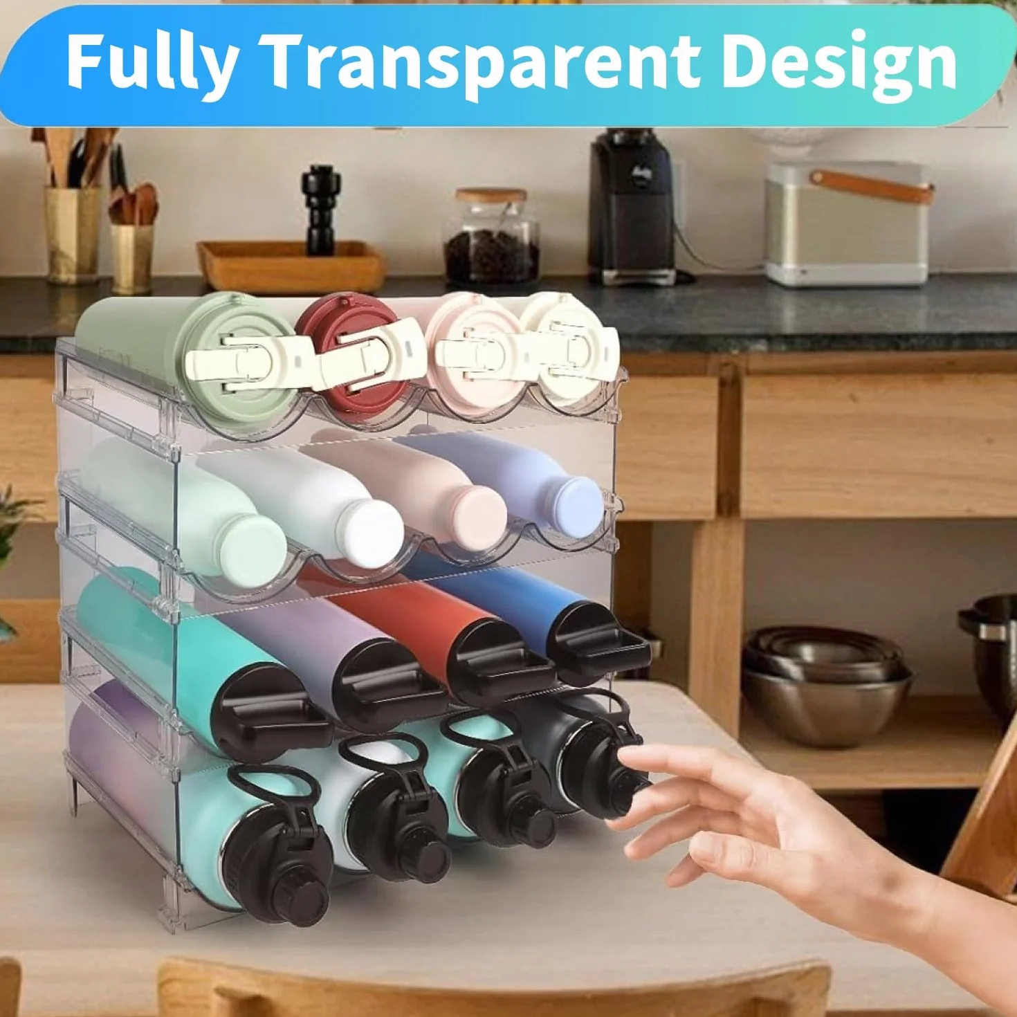 KAHEIGN Organizery na butelki wody, 39 x 21 cm, przezroczysty stojak do przechowywania kubków do układania w stos, plastikowy uchwyt na butelkę wody, do lodówki, szafki kuchennej, spiżarni, butelek