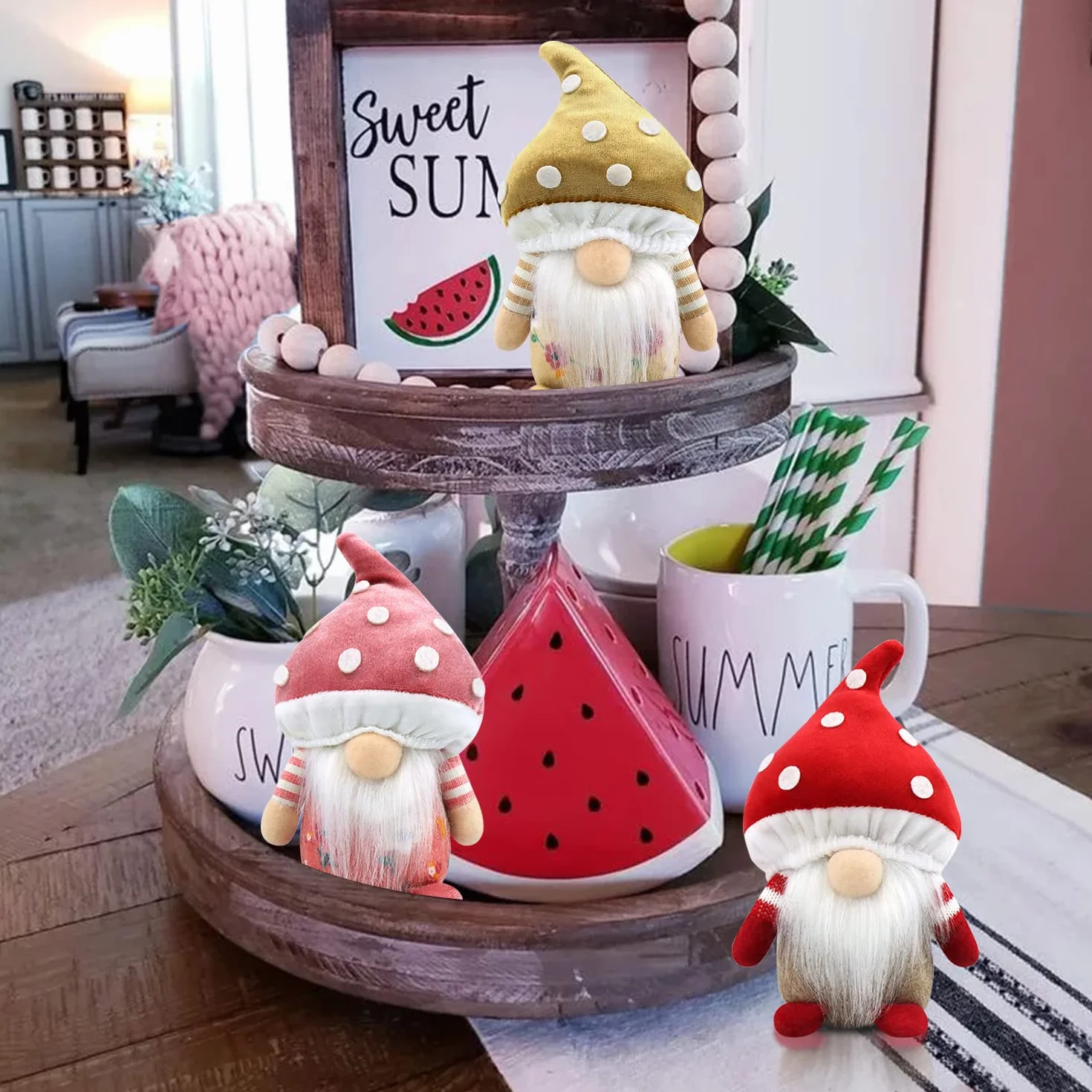 Gehydy Zestaw 3 letnich ozdób grzybowych Gonk, krasnal ręcznie robiony, skandynawski Tomte, wiejski wystrój do domowej kuchni