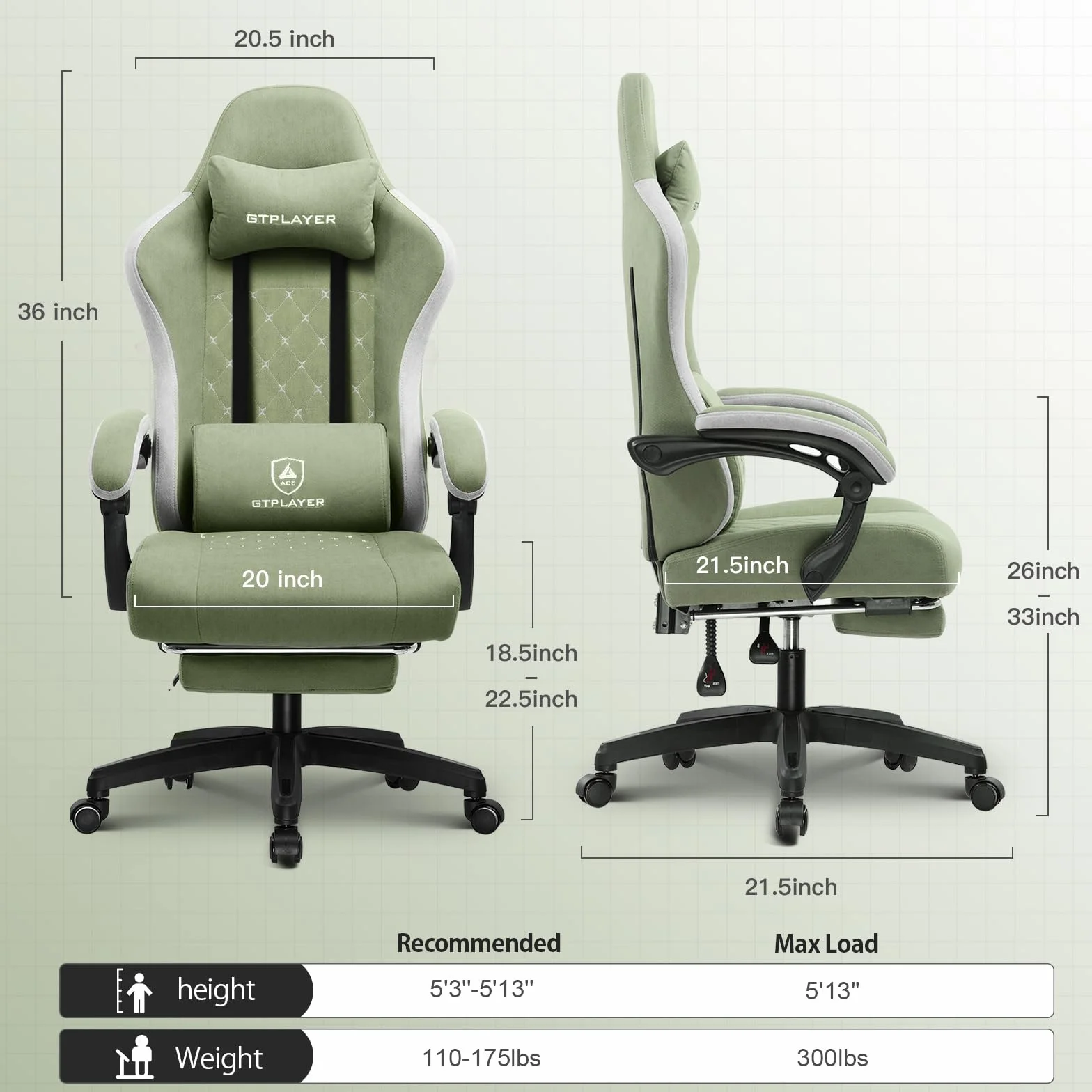 GTPLAYER Fotel gamingowy z podnóżkiem, krzesło komputerowe z kieszenią, poduszka sprężynowa, ergonomiczne wysokie oparcie, podparcie lędźwiowe, wytrzymałe, szerokie, zielone