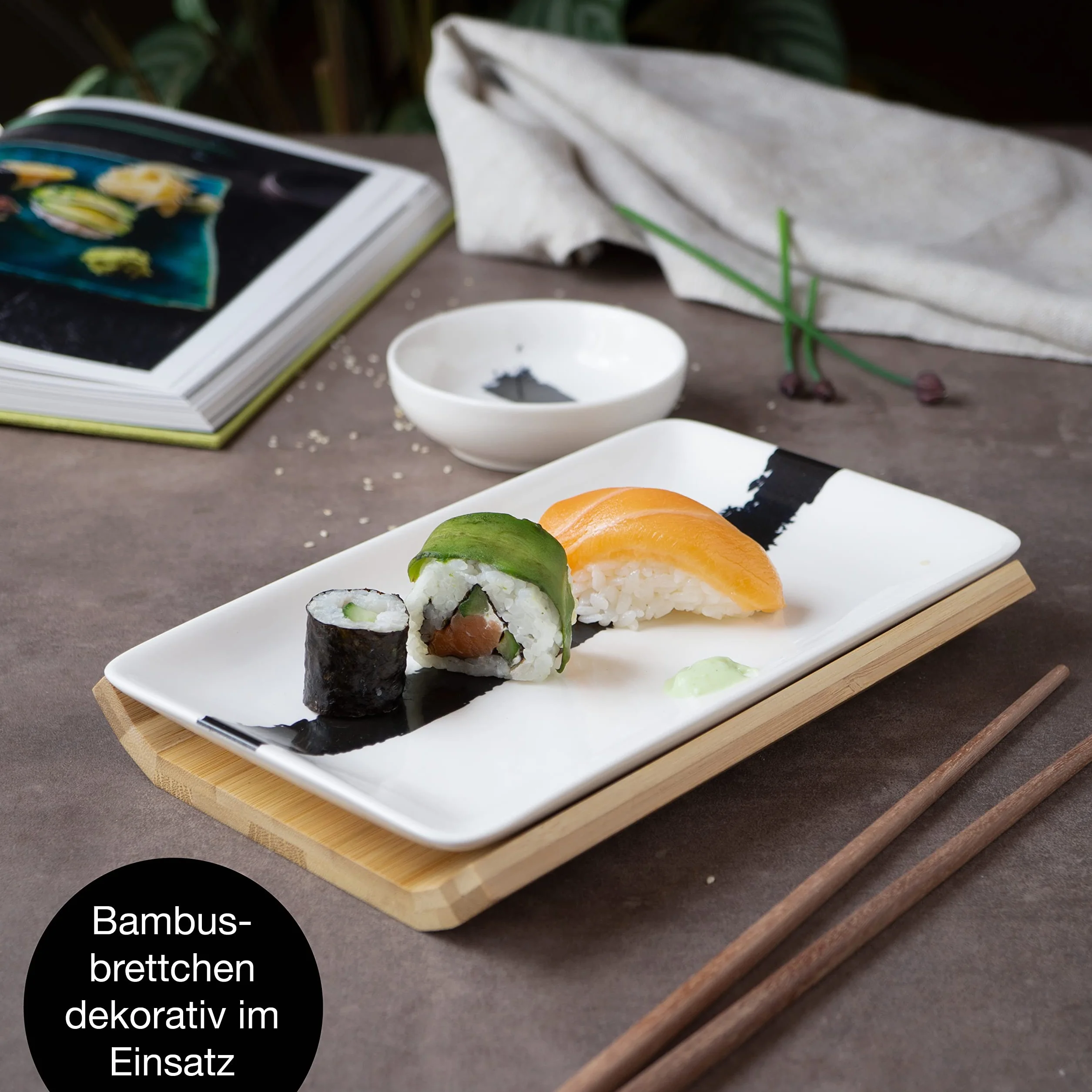 Moritz & Moritz 8-częściowy zestaw naczyń do sushi dla 2 osób – zestaw do serwowania sushi z 2 talerzami do sushi, miseczkami do dipów i pałeczkami