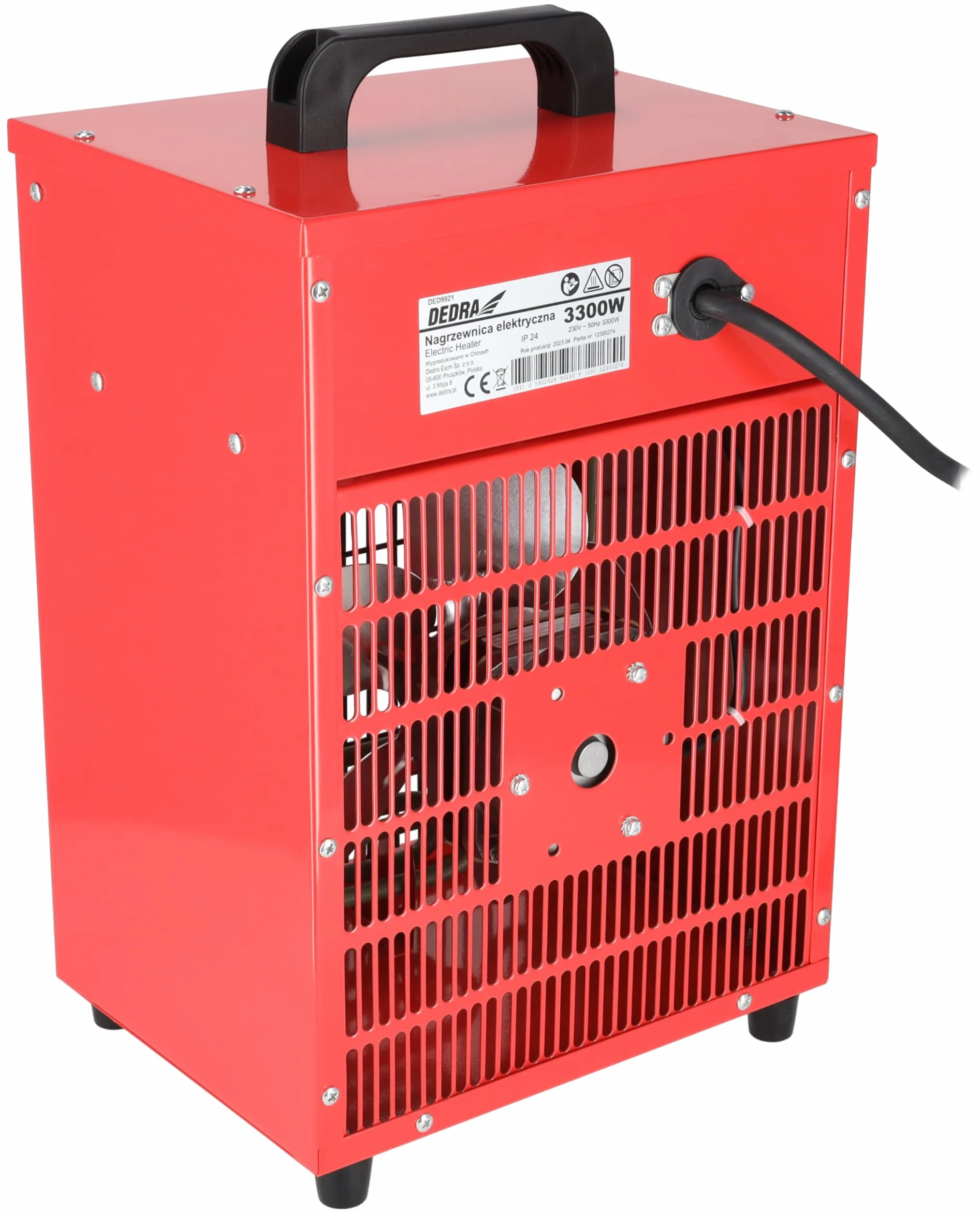 Dedra DED9921 – nagrzewnica elektryczna 3,3 kW, 230 V, 3 tryby pracy (wentylator, 1650 W, 3300 W), termostat, zabezpieczenie przed przegrzaniem, metalowa obudowa, uchwyt transportowy, do ~ 35m2