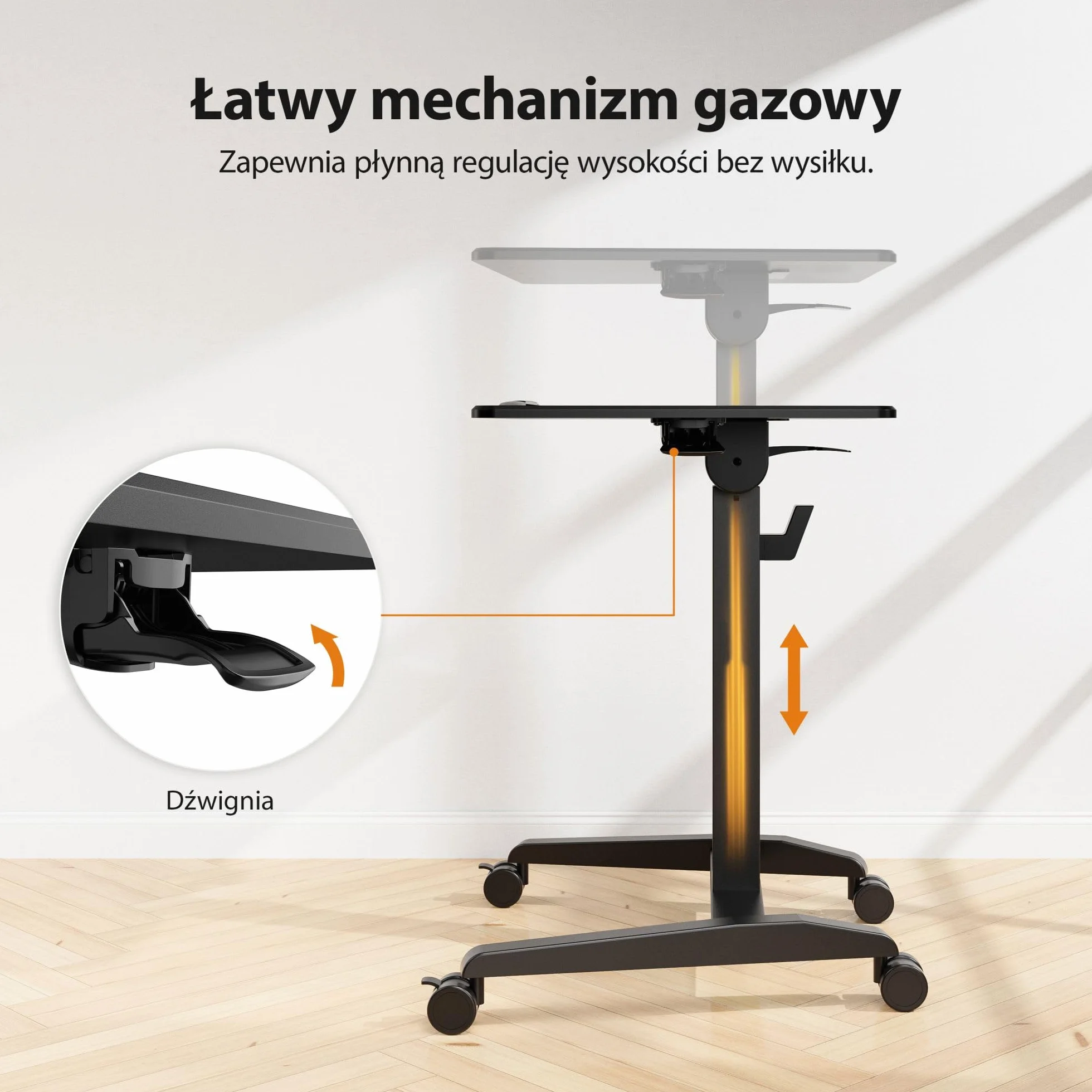 SENSE7 Mobile Desk | Biurko Regulowane | 70 X 52 Cm | Mobilna Konstrukcja | Wysokość 76-111 Cm | Zmiana Kątu Nachylenia | Uchwyt Na Słuchawki | Ogranicznik Krawędzi | Kółka Z Blokadą | Czarne