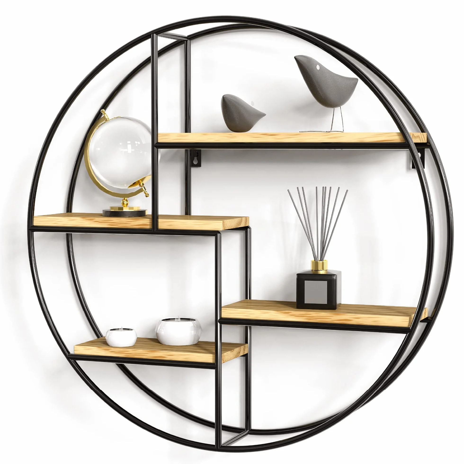 Gadgy Okrągły Regał Ścienny z 4 Półkami 42x10 cm Drewno Metal Industrialny