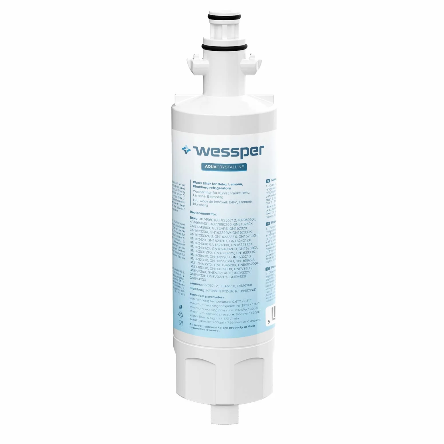 Wessper 2x 4874960100 Filtr Wody do Lodówek z Zamrażarką Kompatybilny z Beko 4874960100 4394650100, 9256712, SBS4K; Blomberg IWD1004ET, KFD9952PXDUK; Grundig 487960000; Lamona LAM6100 HJA6110