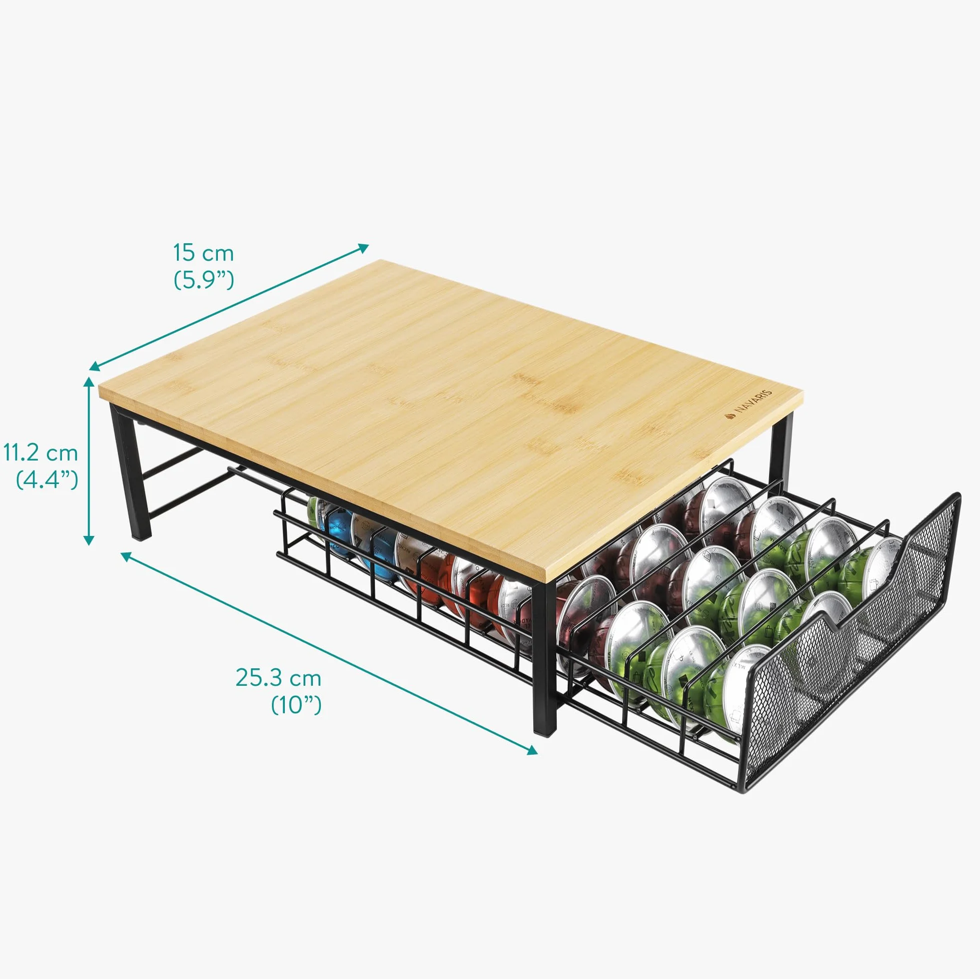 Navaris Uchwyt na kapsułki z bambusa – na kubki do kawy Tassimo – z miejscem na 54 kapsułki – uchwyt na kapsułki z szufladą – 15 x 11,2 x 25,3 cm
