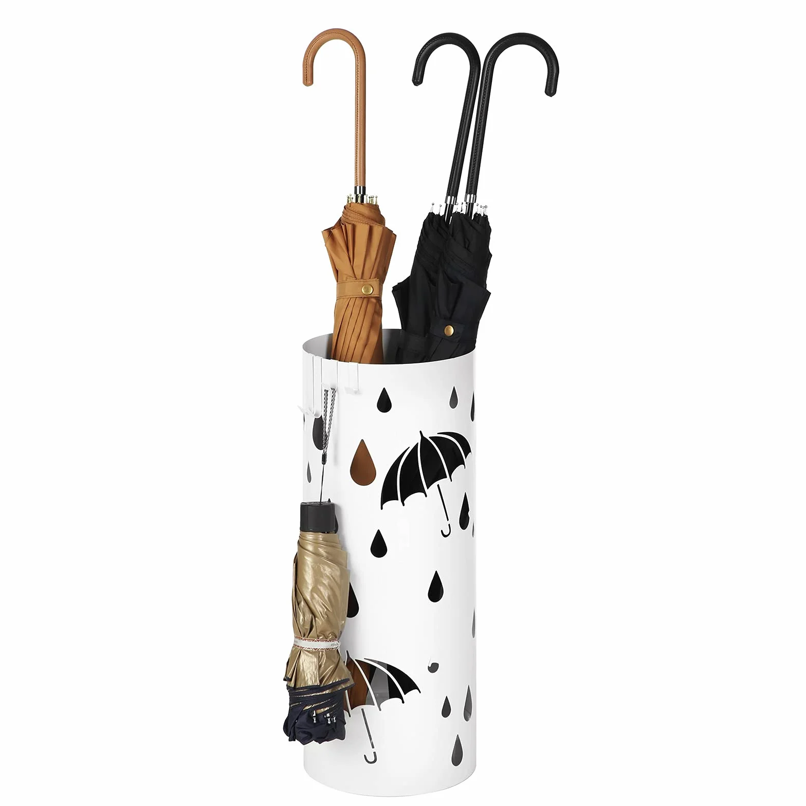 Songmics LUC23W stojak na parasole, z metalu, okrągły stojak na parasole, wyjmowany pojemnik na wodę, z haczykami, 49 x Ø 19,5 cm, biały