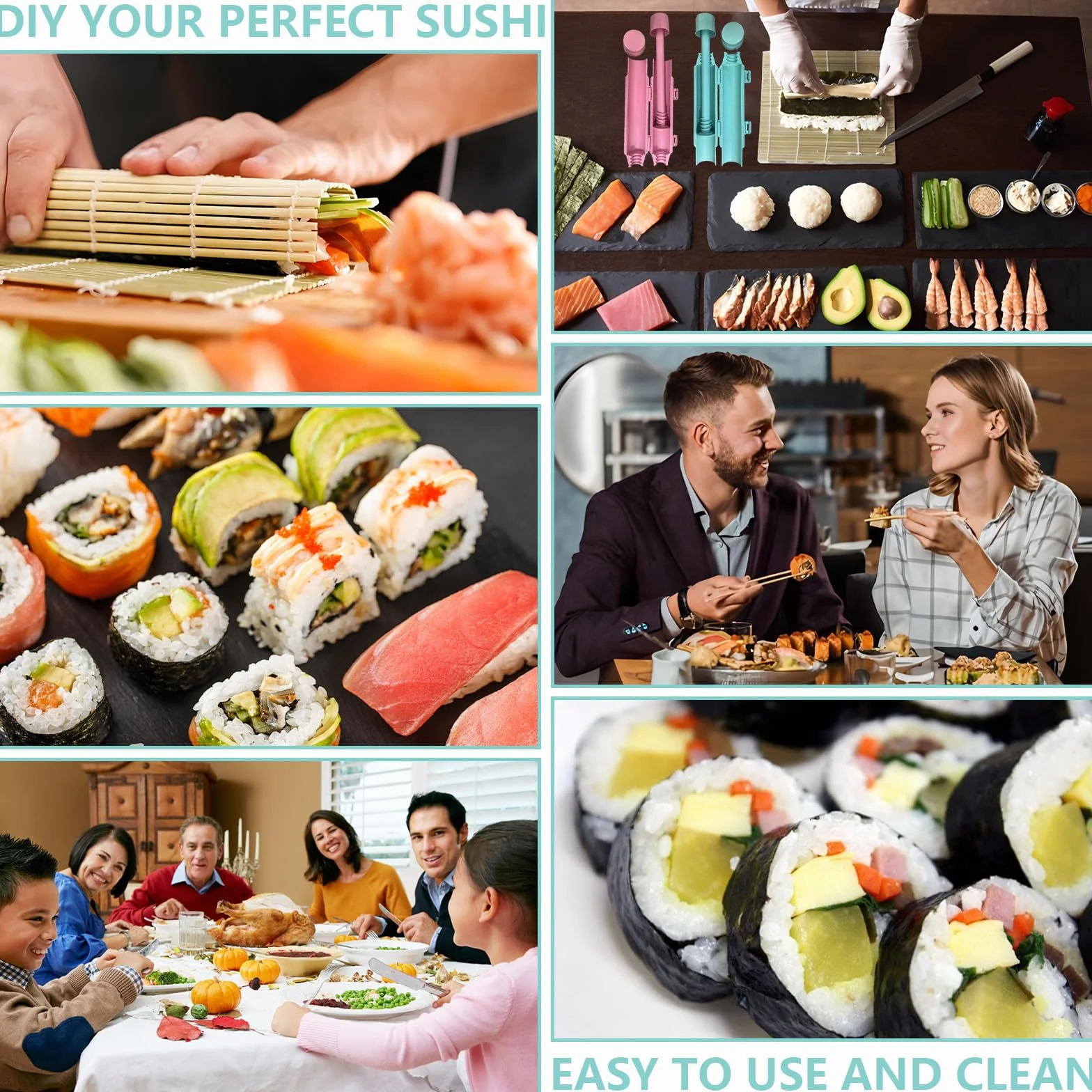2-częściowy zestaw do sushi w kolorze różowym i zielonym | cylindryczne rolki do sushi i formy | zestaw do sushi "zrób to sam" do domu, na imprezę, piknik, łatwe czyszczenie i szybkie