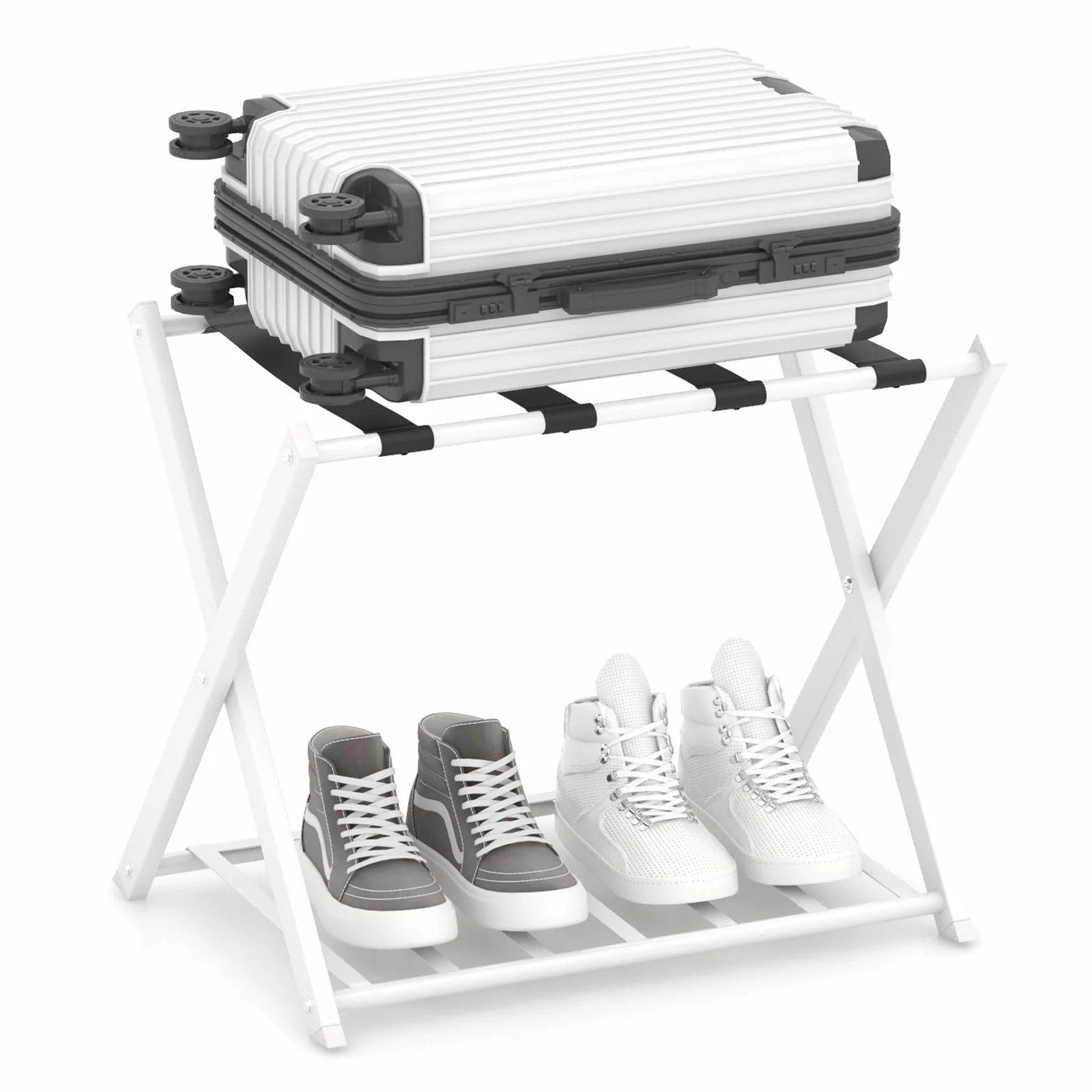 COSTWAY Stojak na walizkę, składany, 2-poziomowy design, metalowy stojak na walizkę, do sypialni, pokoju gościnnego, hotelu (biały, pojedynczy)