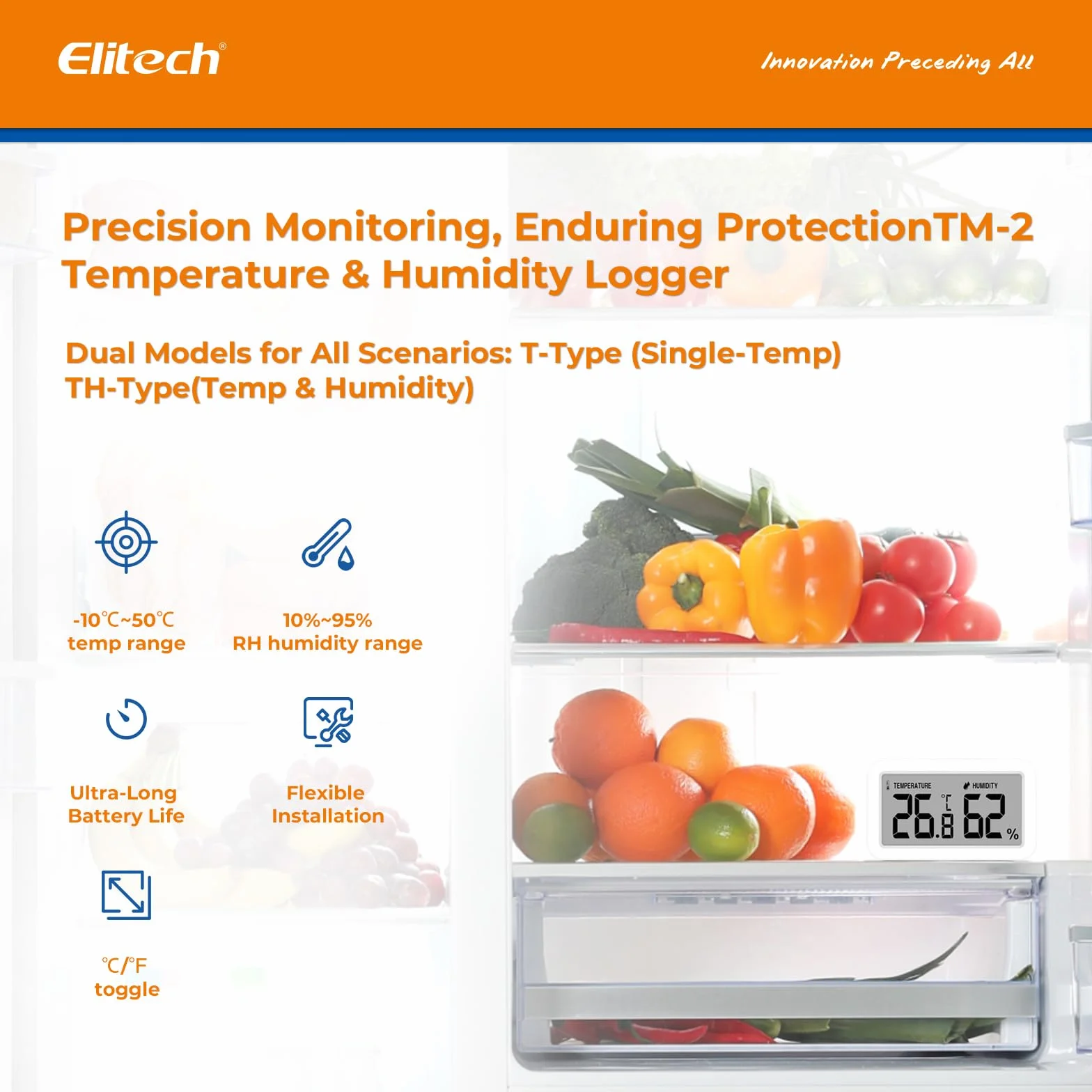 Elitech 2Pack TM-2 Termometr do lodówki, monitorowanie temperatury i wilgotności, mocowanie magnetyczne i zaczep, energooszczędny, idealny do zamrażarki, szafy spiżarni, komory chłodniczych