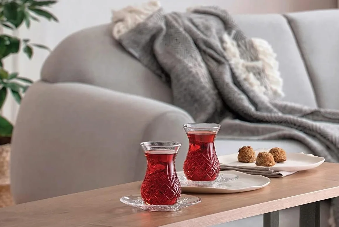 Pasabahçe Timeless 12-częściowy serwis do herbaty dla 6 osób, pojemność 132 ml, tureckie szklanki do herbaty ze spodkiem, zestaw Cay Bardagi, turecka herbata, Cay Bardagi SETI, turecka herbata, szkło