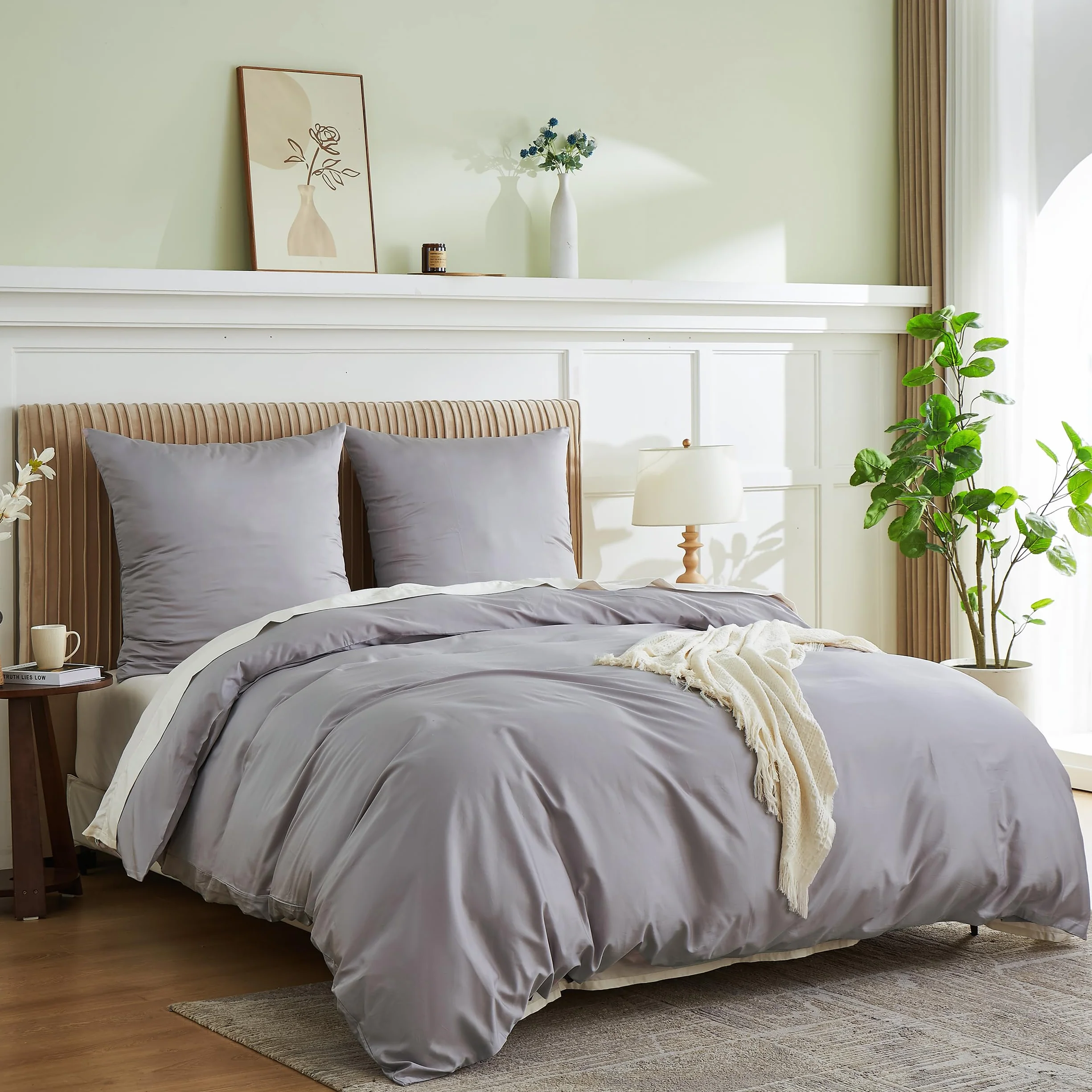 Simple&Opulence pościel 155x220 bawełna, komplety pościeli ze 100% egipskiej bawełny, 400TC, hipoalergiczna, zawiera 1 poszwę na kołdrę 155x220 + 1 poszewkę na poduszkę 80x80, Szaro-fioletowy