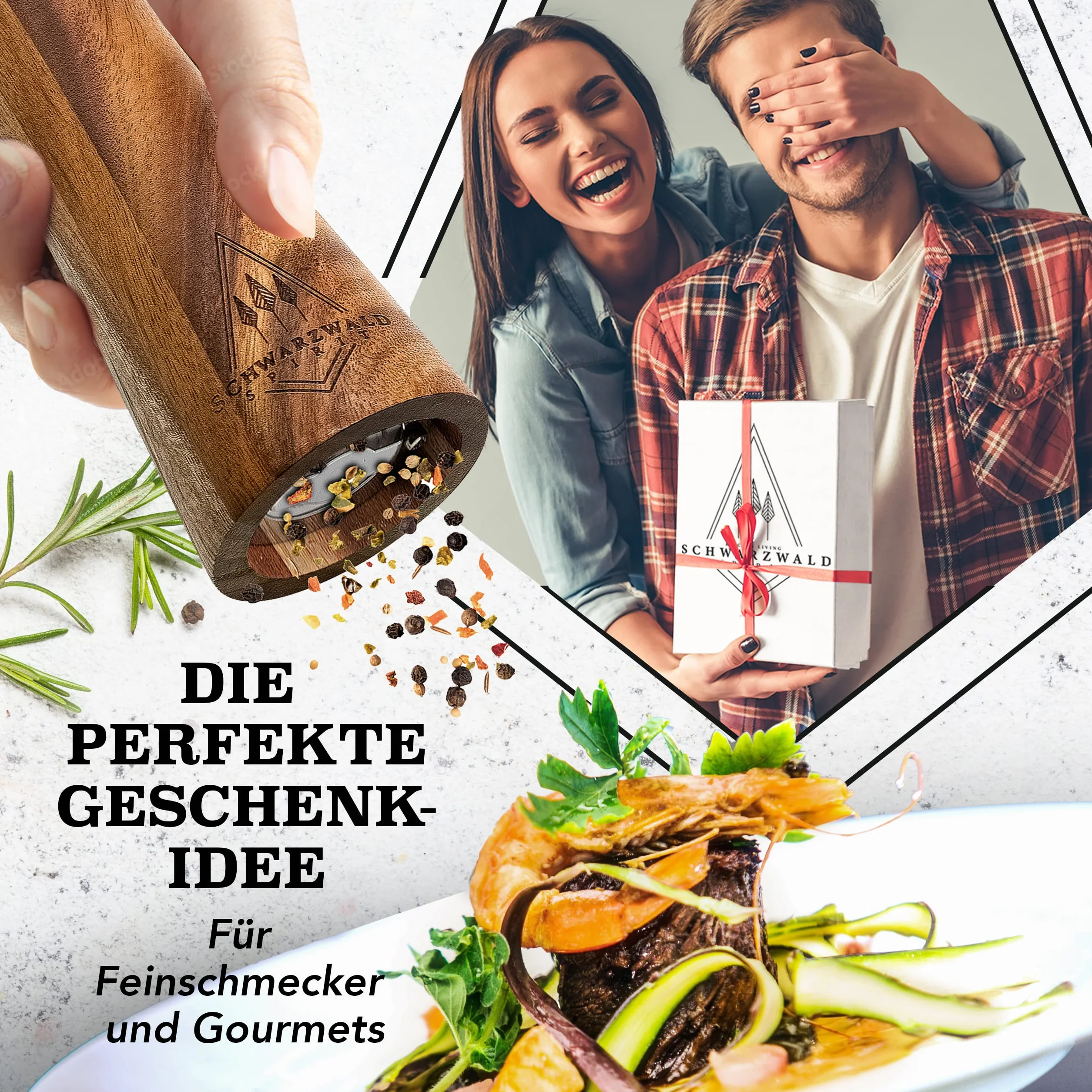 zestaw drewnianych młynków do pieprzu, soli i przypraw – szlachetne wykonanie – z ceramicznym mechanizmem mielącym, w komplecie z pędzlem do czyszczenia i książką z przepisami, ponadczasowy prezent (21 cm).
