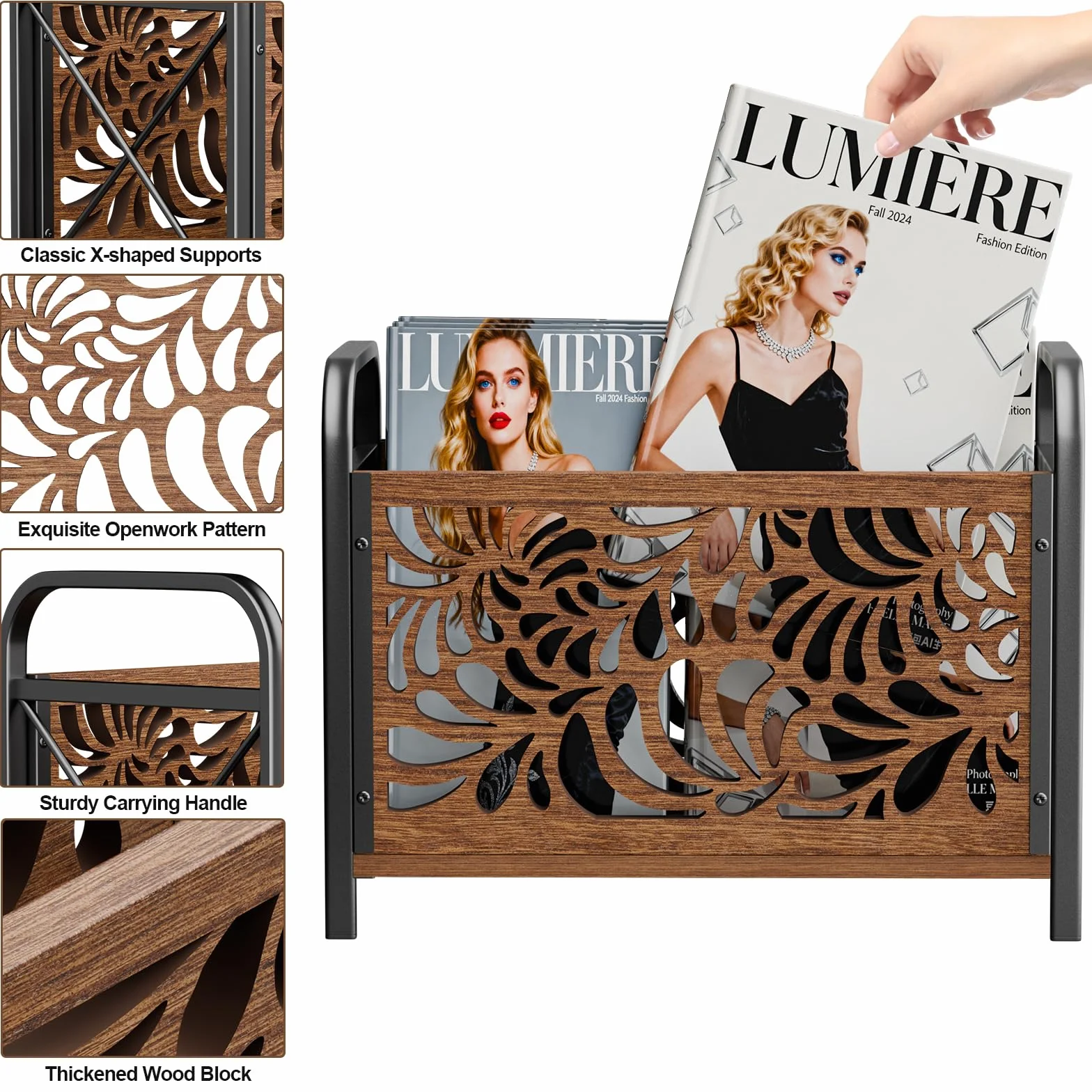 Stojak na gazety z drewna, nowoczesny stojak na czasopisma, elegancki wzór szkieletu, koszyk do przechowywania, organizer do magazynów, organizer do katalogów 33x26x17cm