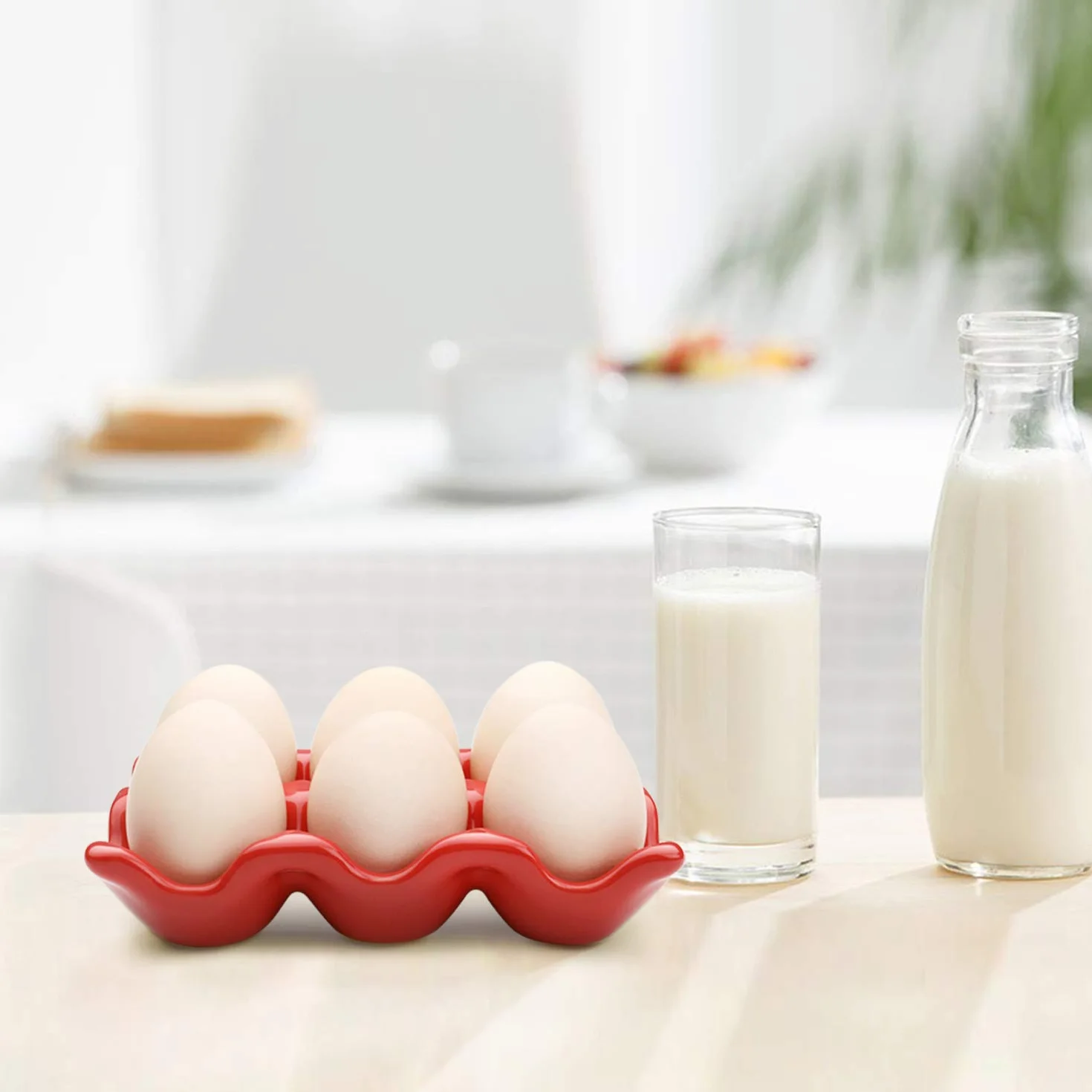 Flexzion Ceramiczna skorupka na jajka 6 pojemności na pół tuzina pojemników czerwona miska do serwowania organizer do przechowywania 2 sztuki