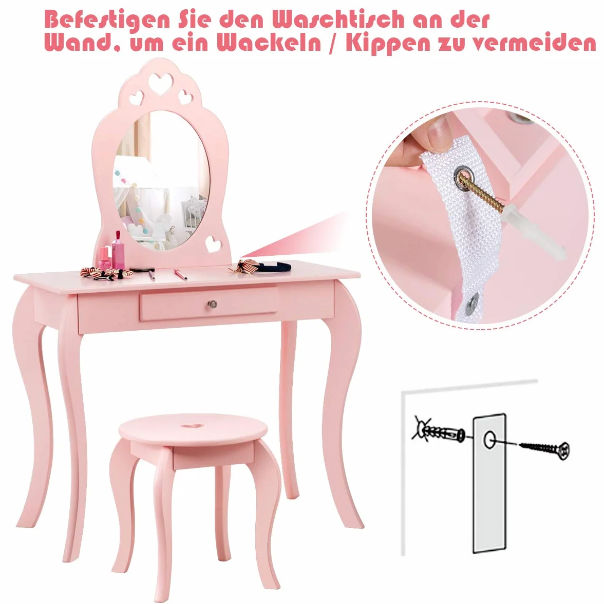 COSTWAY Toaletka dziecięca z taboretem i zdejmowanym lustrem, dla dziewcząt, stół z szufladą, stół z lustrem, 70 x 34 x 105 cm (różowa)