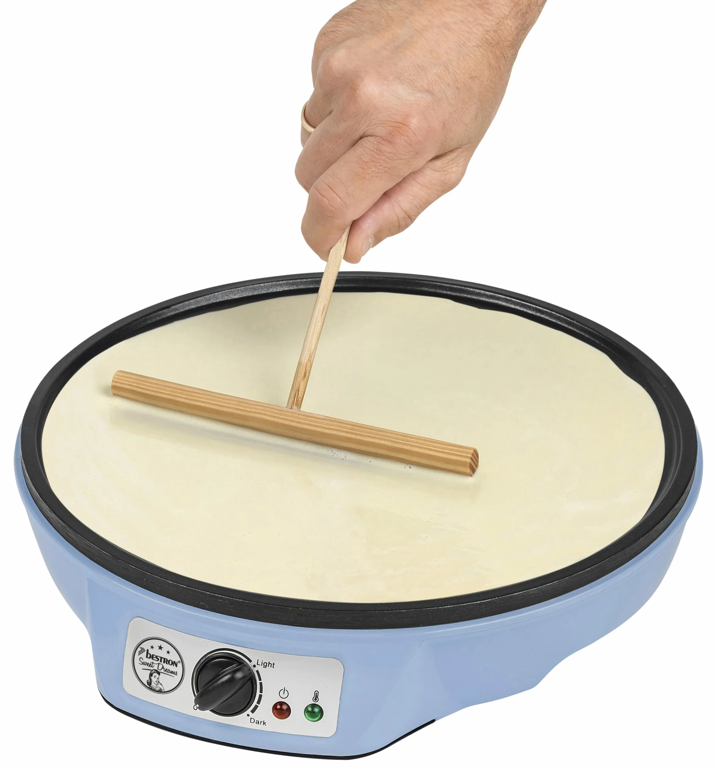Bestron Crepes Maker, Urządzenie do robienia naleśników o średnicy 30 cm, w komplecie Rozdzielacz do ciasta i łopatka do przewracania naleśników, z powłoką nieprzywierającą, Kolor: Niebieski