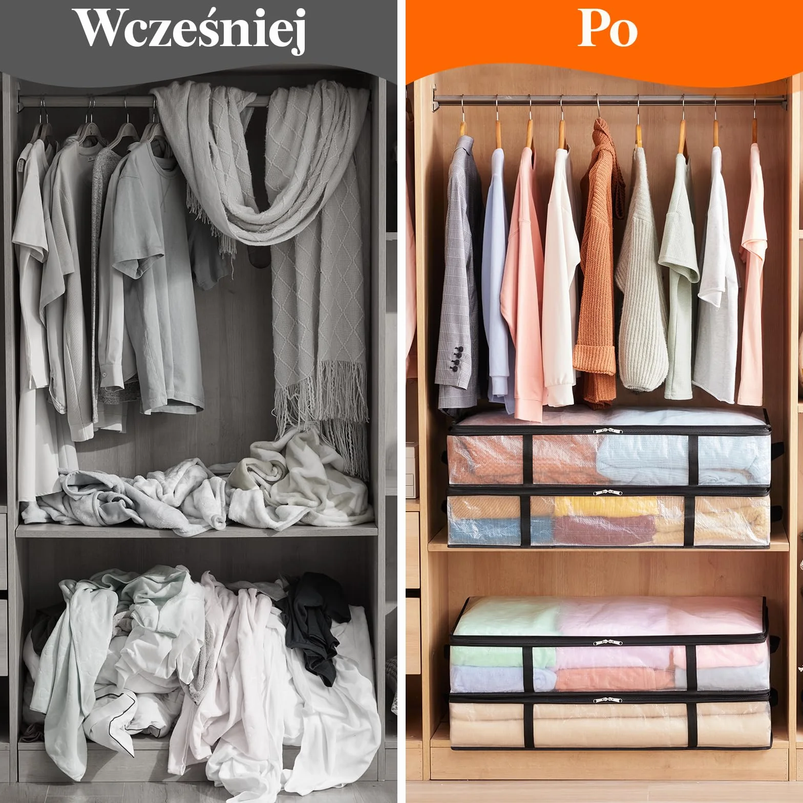 Lifewit Zestaw 4 przezroczystych toreb do przechowywania 60l, składany pojemnik do przechowywania pod łóżkiem z uchwytami, torba do przechowywania odzieży PP, poszwa na kołdrę do przenoszenia, ubrania