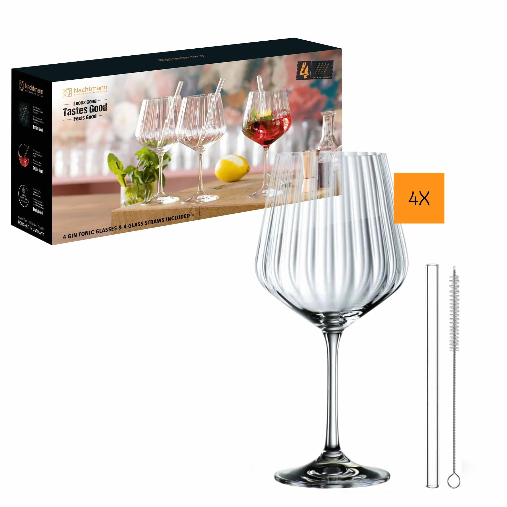 Spiegelau & Nachtmann 9-częściowy zestaw do ginu i toniku, 4 x szklanki 637 ml, szklane słomki, szczotka do czyszczenia