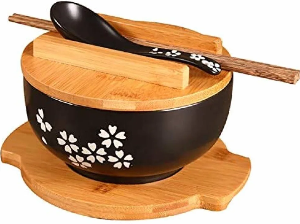 1000 ml ceramiczna miska na makaron z łyżeczką, miska z podkładką z pokrywką, miska na błyskawiczny makaron, miska na zupę koreańską, miska na ryż, zestaw sztućców