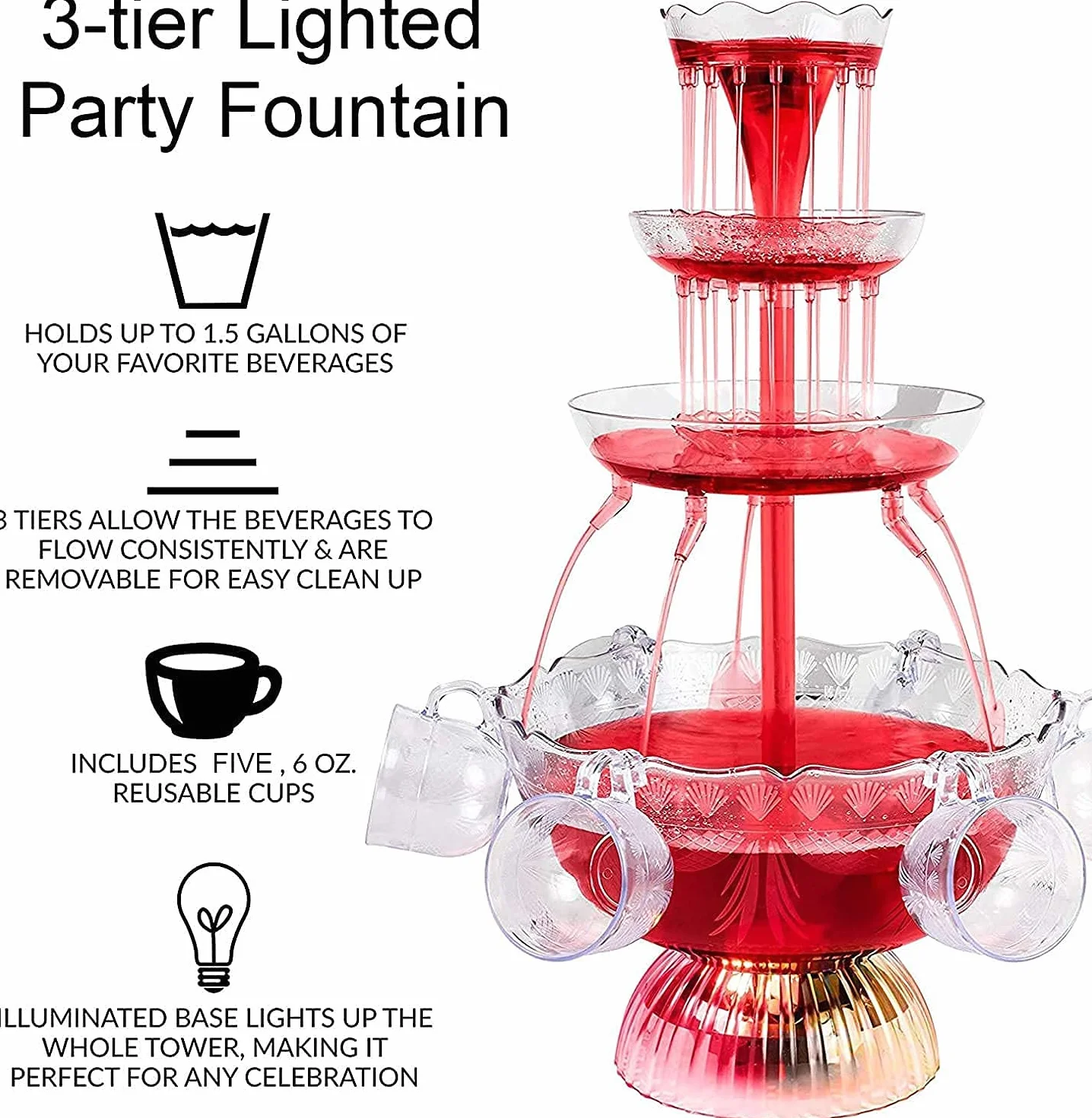3-Tier Party Vino Fontanna, Plastic LED LED Fountain Fountain z 5 szklankami, do gry w stylu vintage/Bar/Home Party Użyj, posiada 1,5 galona