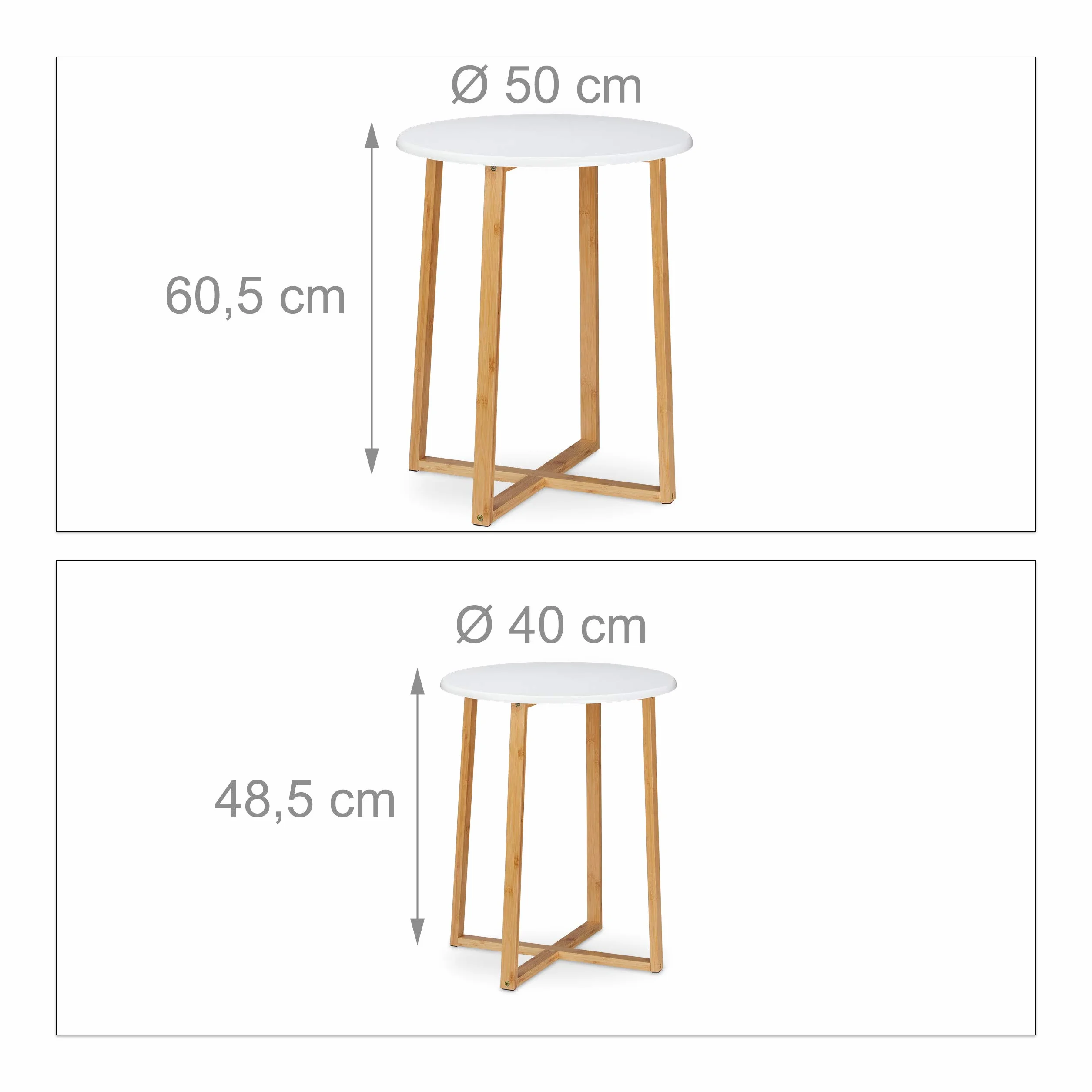Zestaw 2 stolików bocznych Relaxdays, okrągłe stoliki o wysokości 48,5 i 60,5 cm, nowoczesny design, stolik do salonu, naturalny/biały