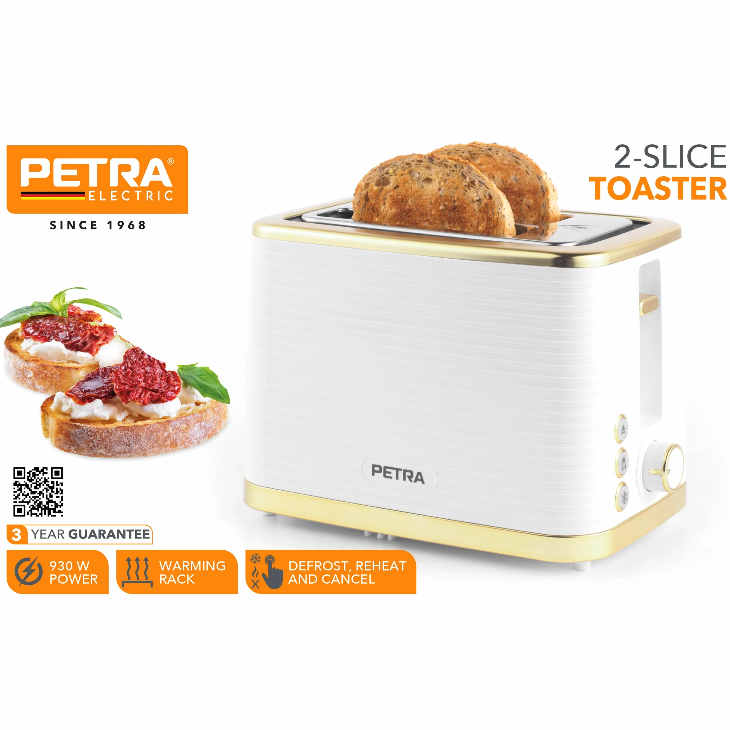 Petra PT5032WVDE Toster na 2 grzanki – z rusztem do podgrzewania, funkcja rozmrazania, podgrzewania i anulowania, tacka na okruszki, 7 poziomami czasu opiekania i wskaznikami, 930 W, bialy/zloty