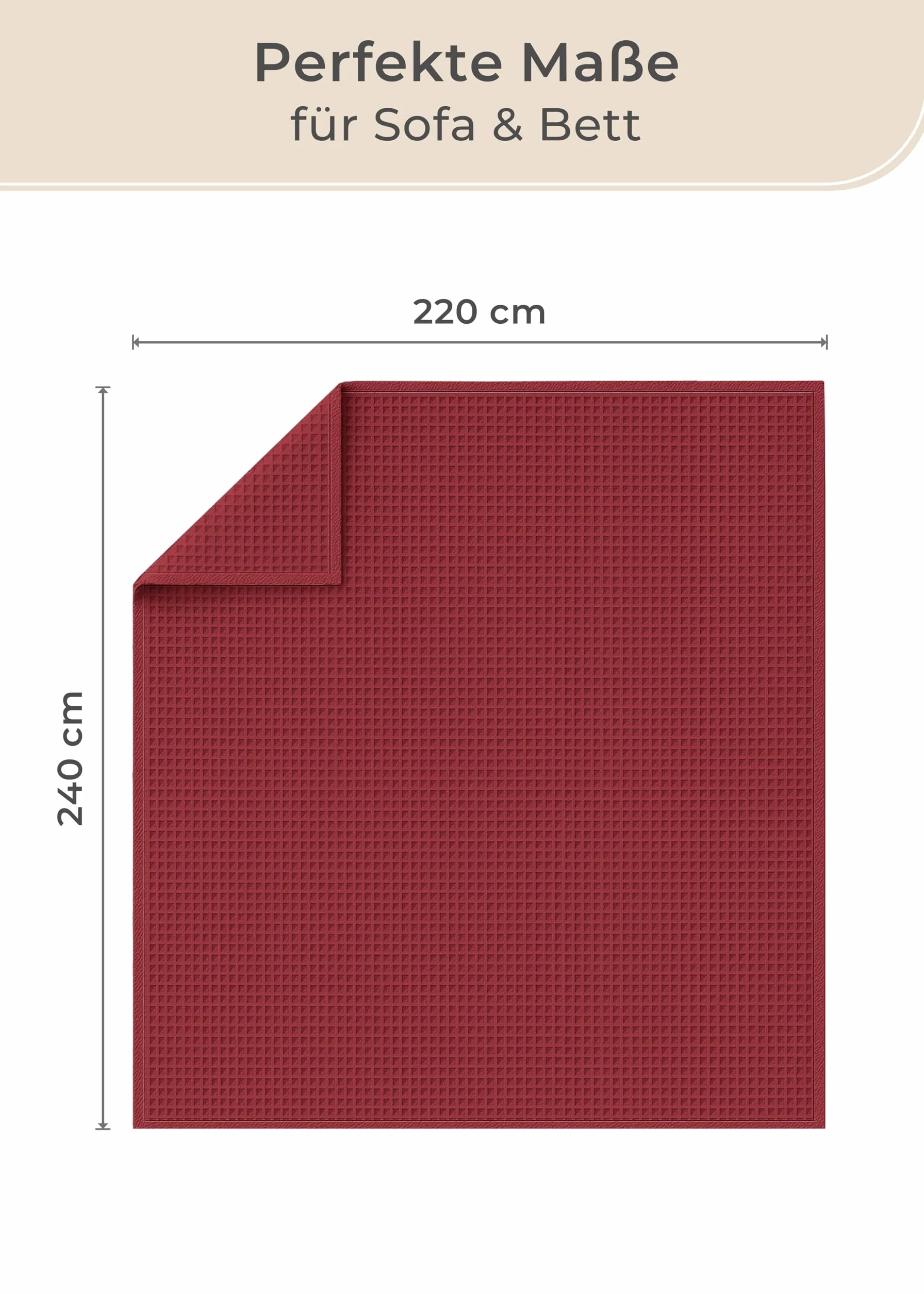 LAYNENBURG Koc bawełniany o strukturze waflowej, 220 x 240 cm, Öko-TEX 100, mieszanka bawełny, koc do przytulania, jako koc na sofę, koc na kanapę, przytulny, ciepły z bawełny (bordowy)