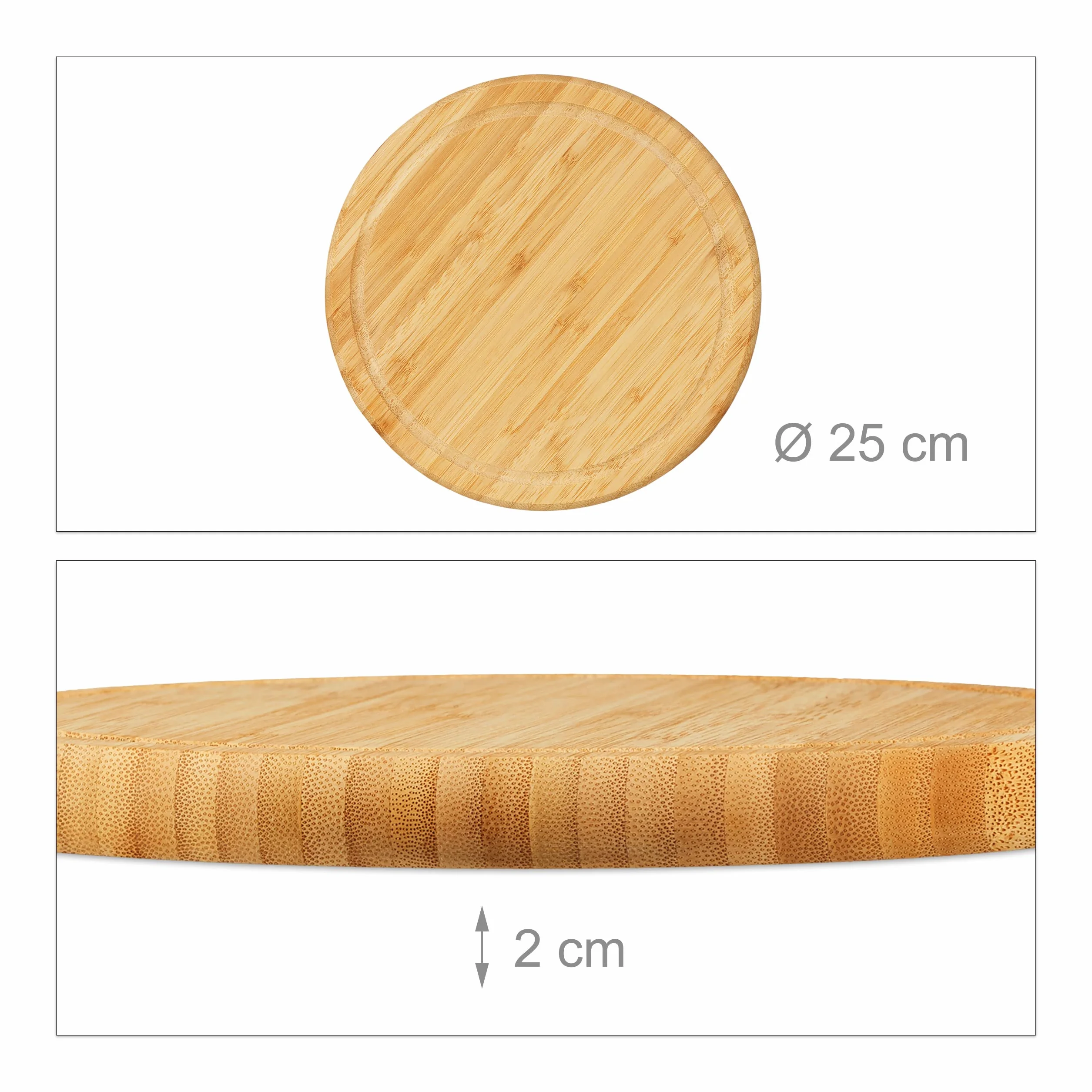 Relaxdays okrągła deska do krojenia w zestawie 2 szt., bambusowa, 25 cm, deska kuchenna, łatwa do czyszczenia, drewniana