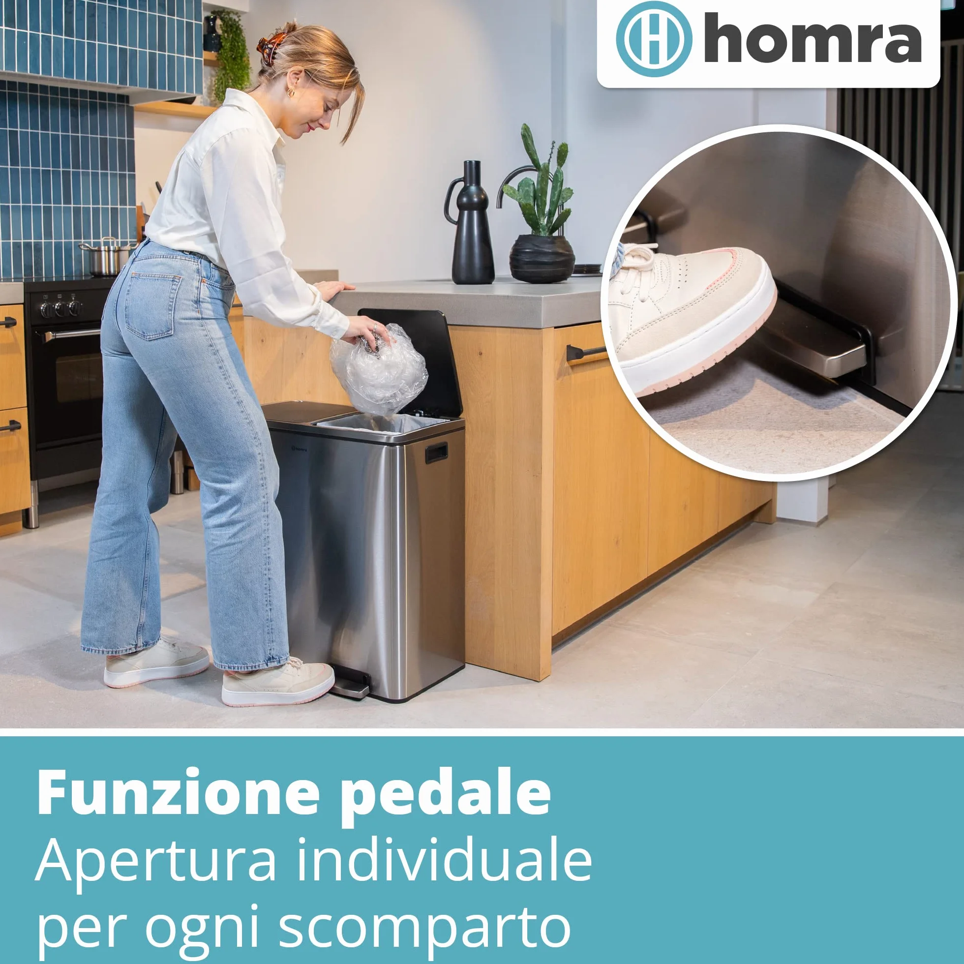 Homra Kosz na śmieci 60 litrów Quickx | Kosz na śmieci Tri Selective 2 Tace 2x30l | Kosz na śmiec z dwoma komorami | Kosz na śmeci z wewnętrznymi wiaderkami | Pojemnik na śmieci | Stal nierdzewna