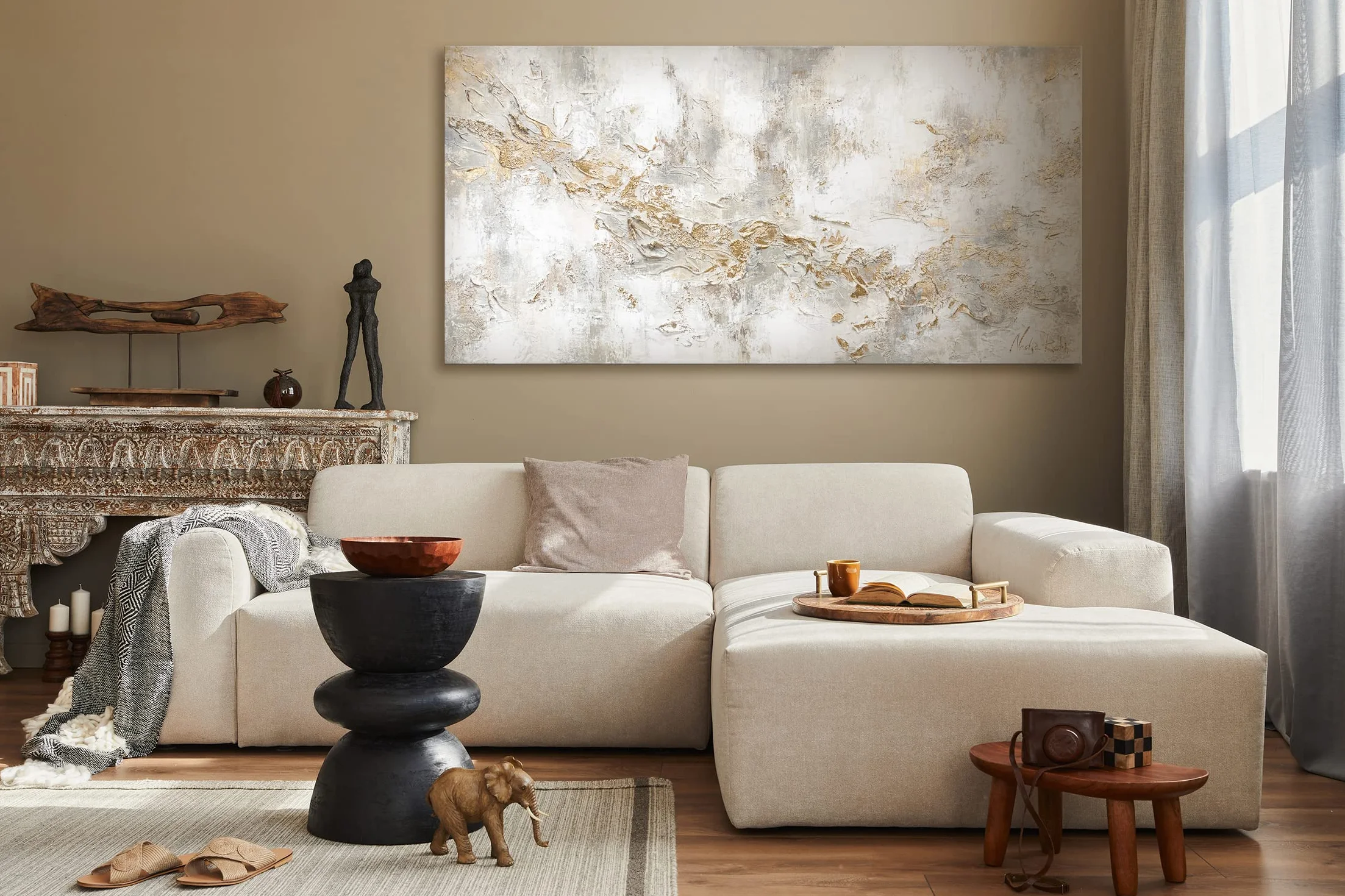 YS -Art obraz abstrakcyjny ręcznie robiony beżowy złoty kolor linie Geschichte dekoracja ścienna nowoczesny salon sztuka ścienna 120 x 60 cm