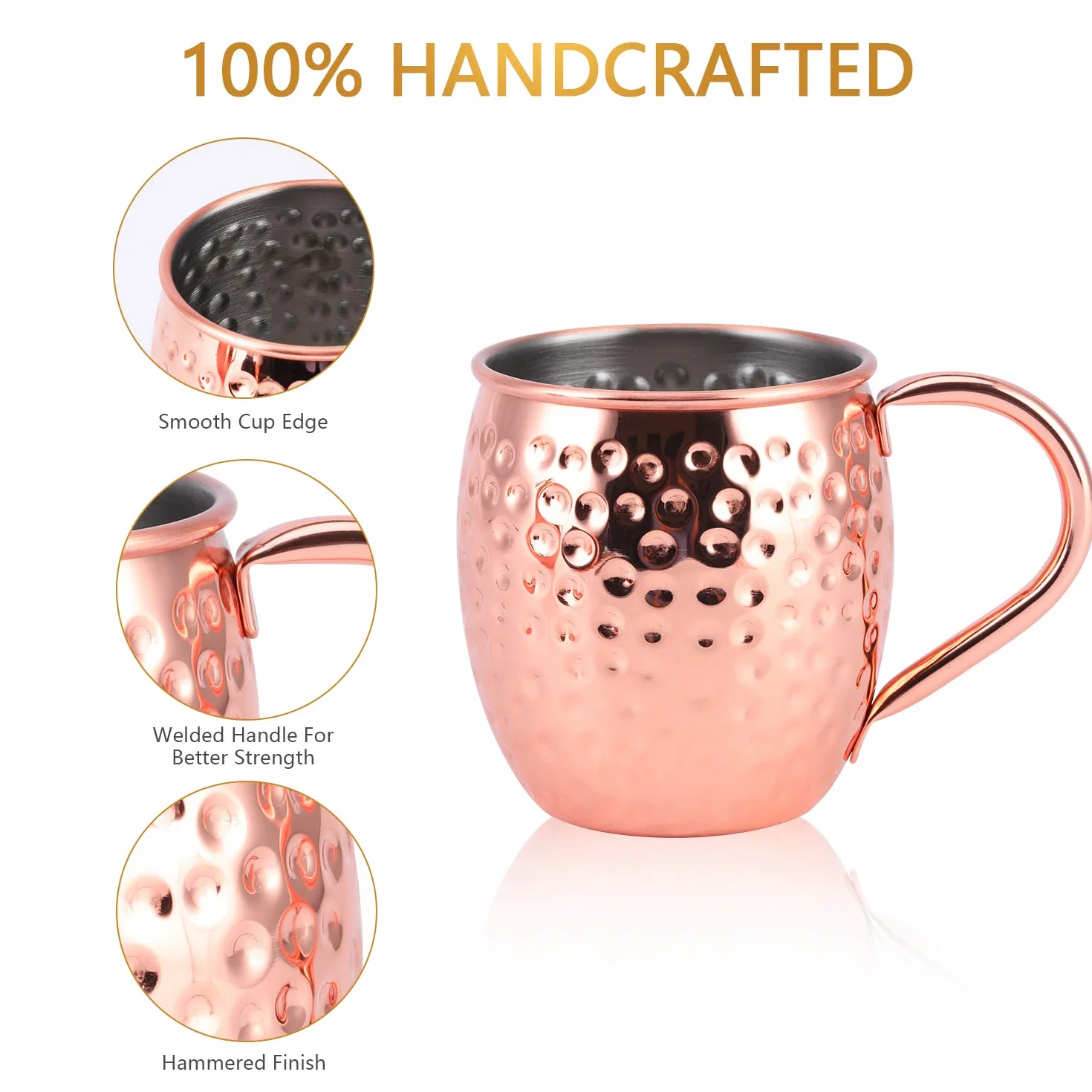 Moscow Mule zestaw 4 kubków miedzianych, w 100% ręcznie wykonanych kubków miedzianych, 550 ml, zestaw bonus: 4 wysokiej jakości słomki do koktajli i 1 jigger.