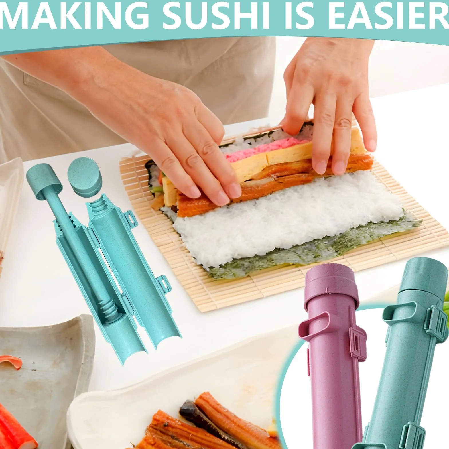 2-częściowy zestaw do sushi w kolorze różowym i zielonym | cylindryczne rolki do sushi i formy | zestaw do sushi "zrób to sam" do domu, na imprezę, piknik, łatwe czyszczenie i szybkie