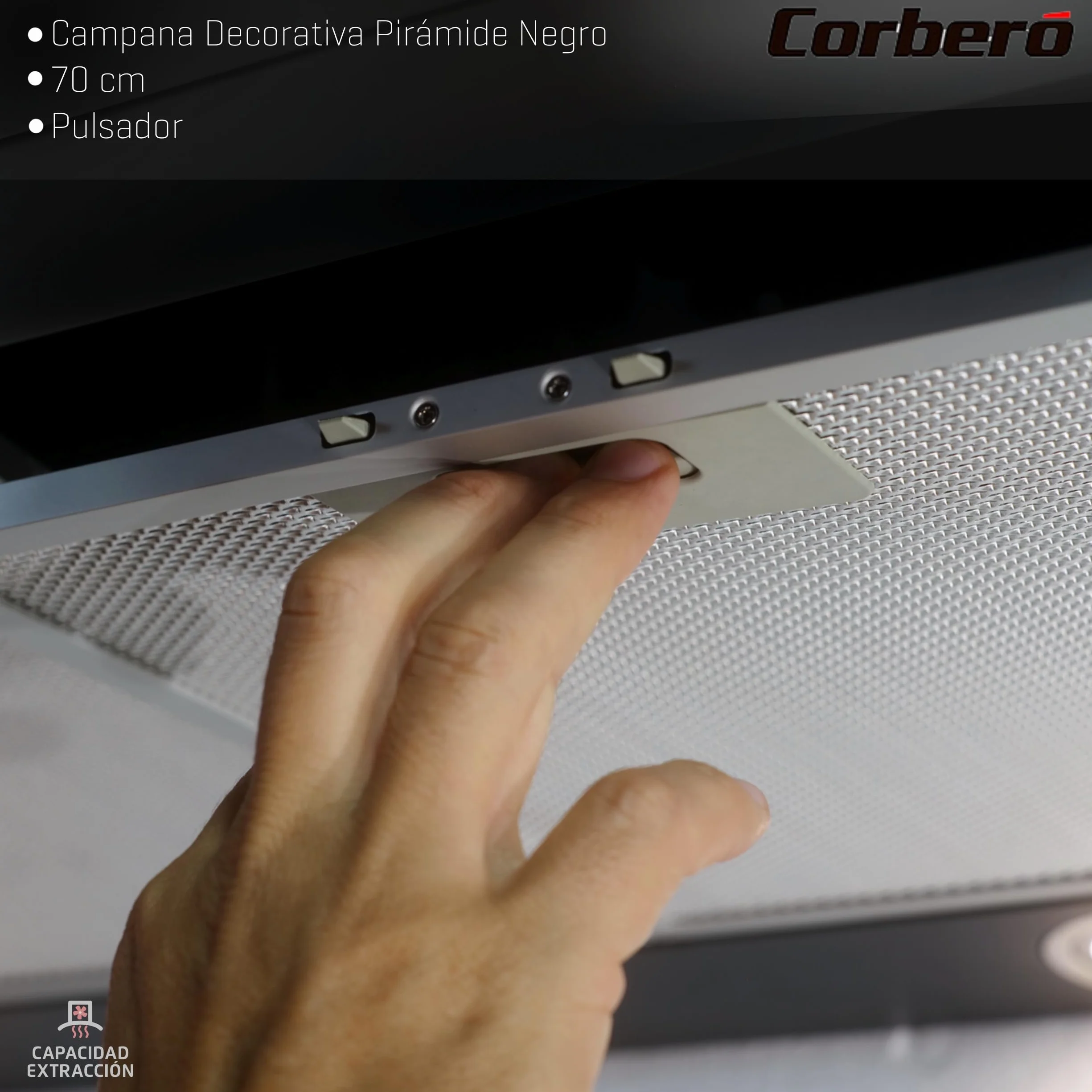 Corberó - dekoracyjny dzwonek piramidowy | 70 cm | KURAMATHI760B | Przepływ 621,71 m3/h | 165W | 3 prędkości | 2 filtry aluminiowe | filtr węglowy | efektywność energetyczna A, czarny