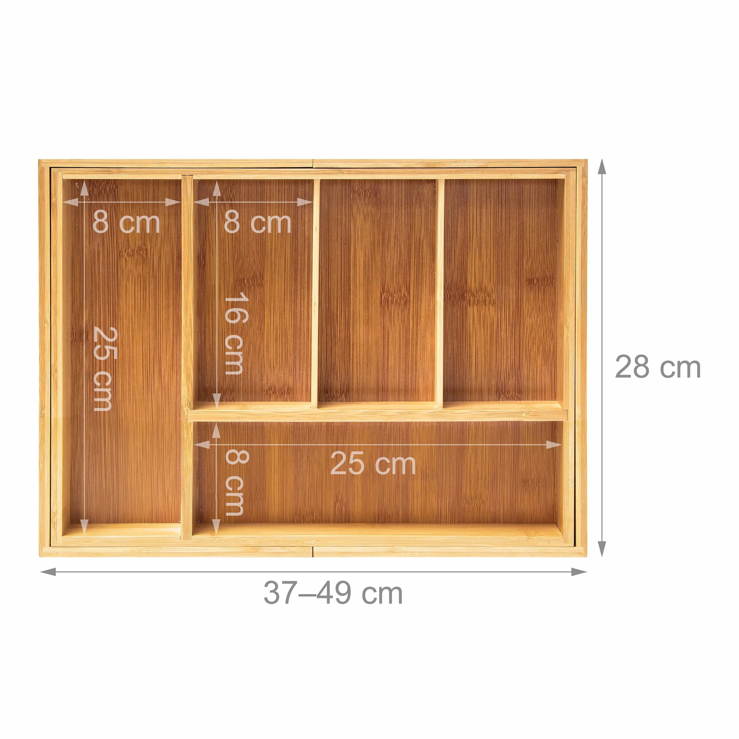 Relaxdays Wysuwany taca na sztućce HBT 5 x 48,5 x 28 cm bambusowa wkładka na sztućce z 5 do 7 przegródkami jako organizer kuchenny i wkładka szuflady łatwa w pielęgnacji taca na sztućce do wszystkich szuflad, naturalna