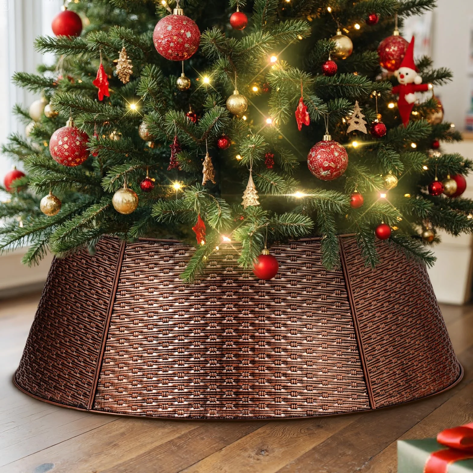 Lanpn Metalowa obroża choinkowa 70cm, Splot Poziomy Metalowy kołnierz choinkowy Dekoracyjna Spódnica Choinkowa do małej dekoracji choinki wewnątrz i na zewnątrz (Miedź)
