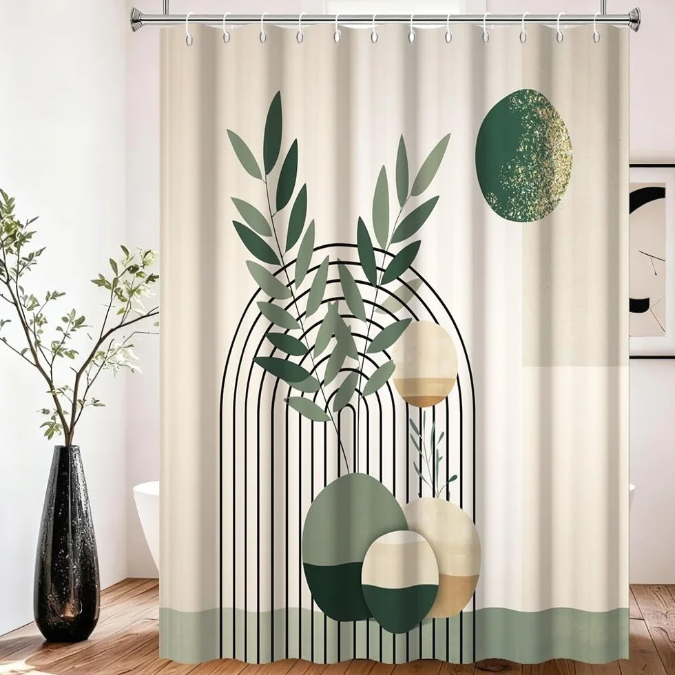 Boho zasłona prysznicowa zielone liście szałwii w stylu mid-century zasłona łazienkowa minimalistyczna geometryczna estetyczna roślina złote kropki odporna na pleśń i grzyb nadająca się do