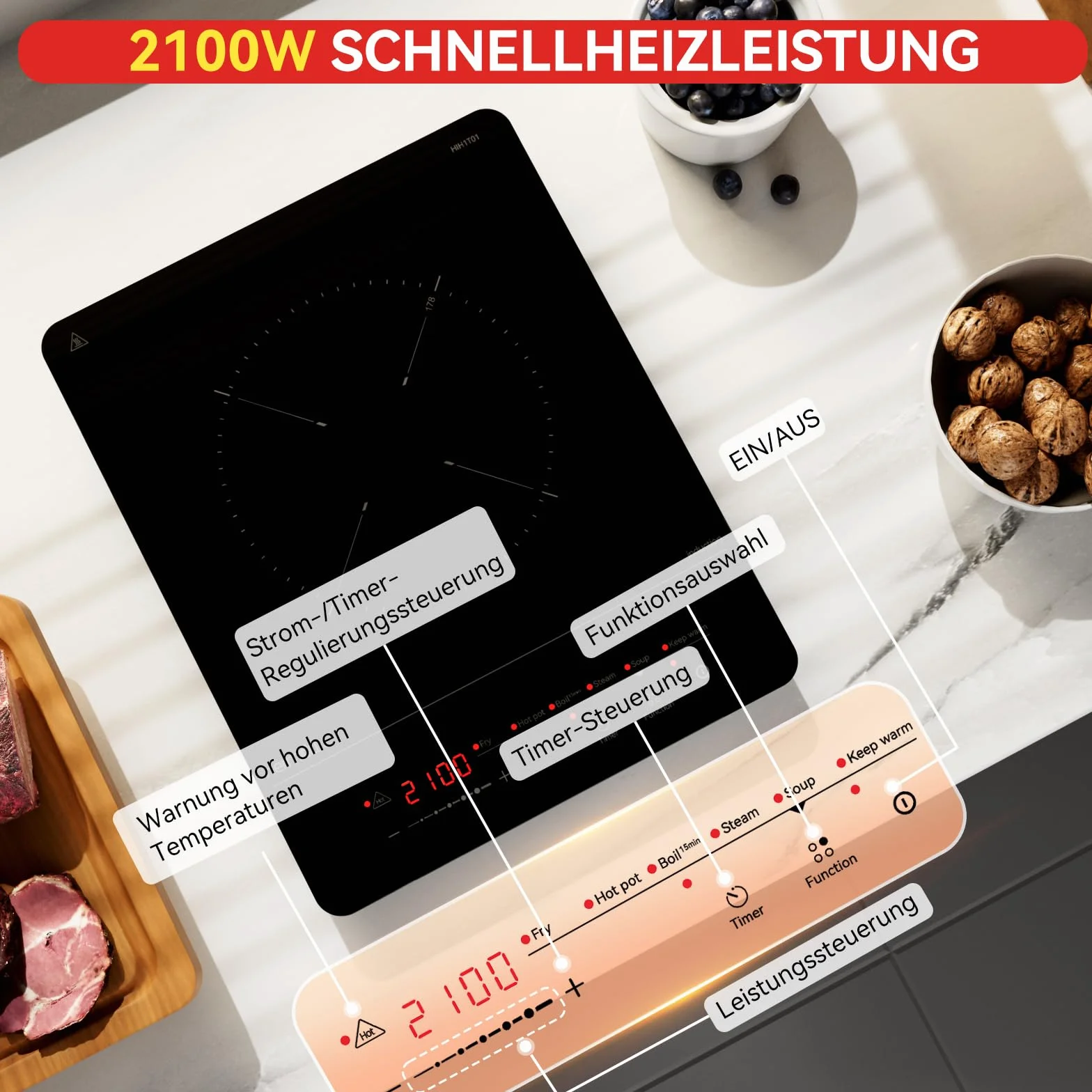 Hermitlux Płyta indukcyjna 1 płyta – 6 programów gotowania, 9 poziomów mocy, timer i funkcja utrzymania ciepła – przenośna płyta indukcyjna 2100 W – kompaktowy rozmiar do kuchni, biura, czarna
