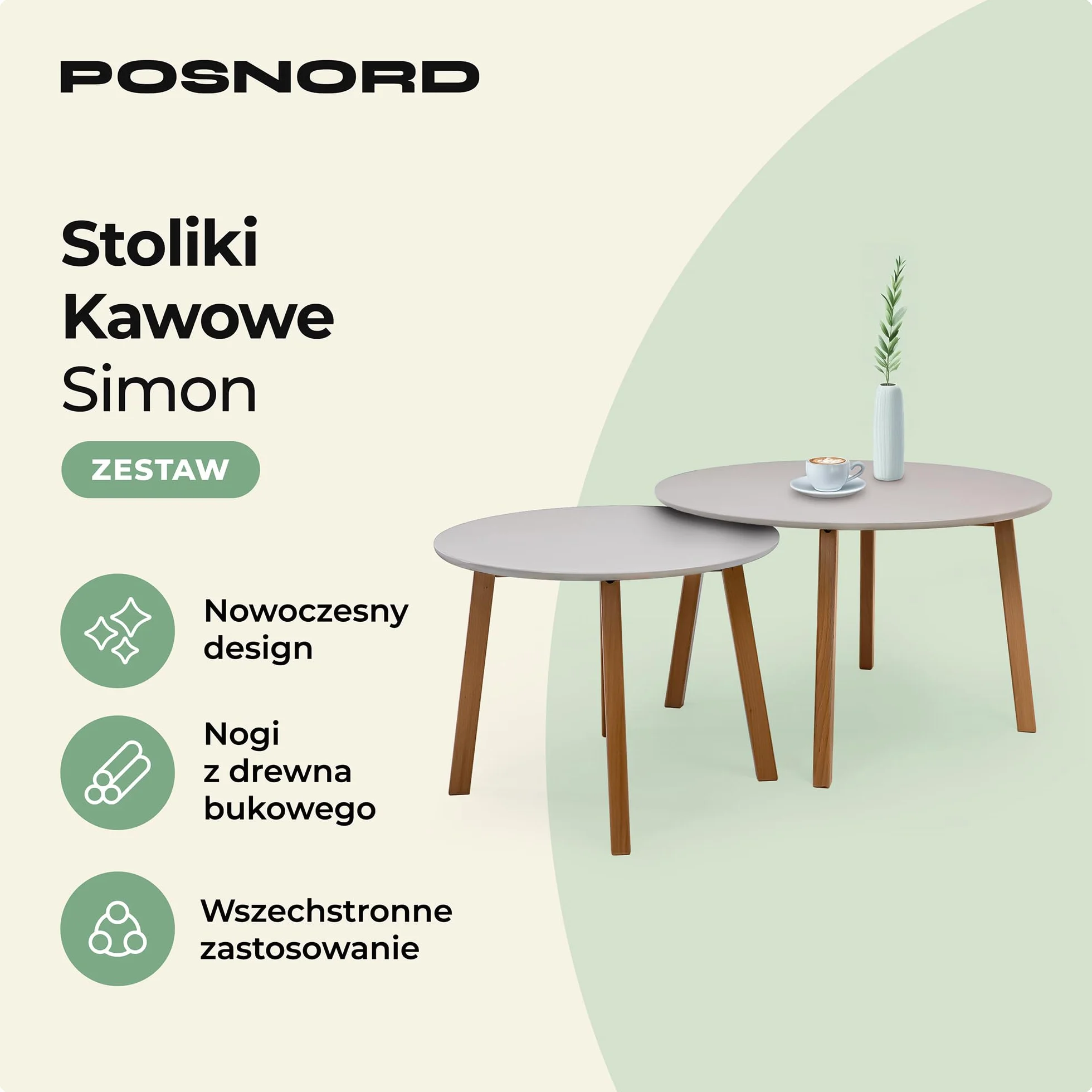 Zestaw 2 Stolików Kawowych do Salonu - Zestaw Stolików Bocznych Wykonanych z MDF, Nogi z Drewna Bukowego - Skandynawski Zestaw Stolików z Lakierowaną Powierzchnią Beżowy