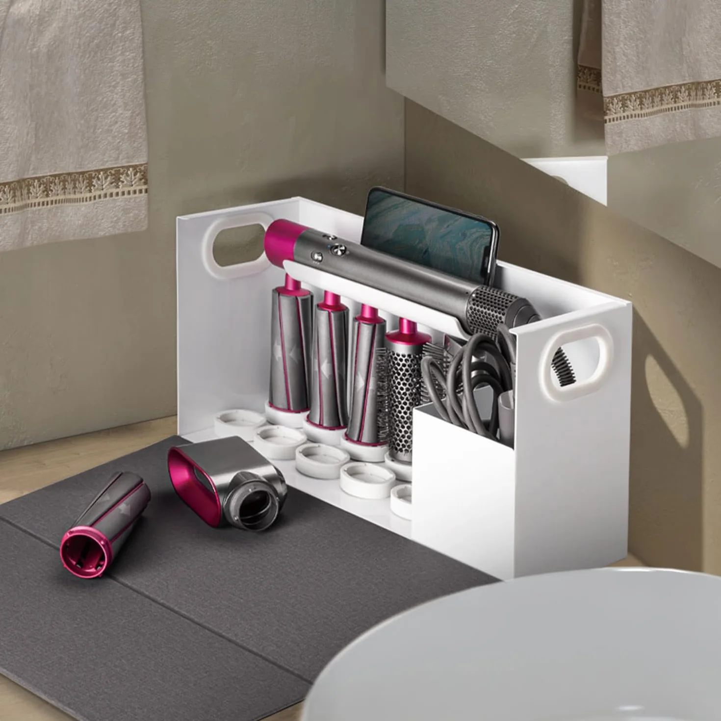 Maclean Pojemnik do przechowywania, z magnetyczną pokrywą, idealny do lokówki, suszarki do włosów i akcesoriów, kompatybilny z Dyson Airwrap Styler, stylowe i bezpieczne przechowywanie, 367 x 150 x