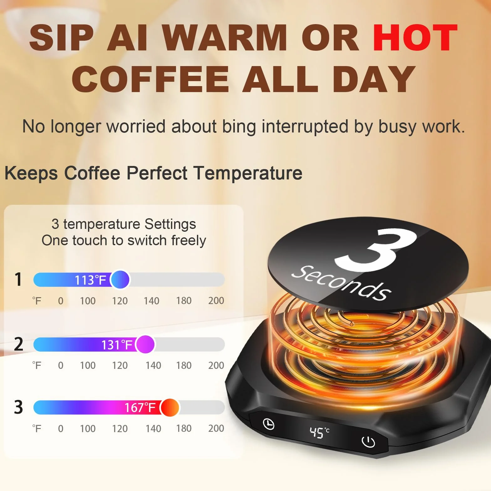 Podgrzewacz do kawy, elektryczny podgrzewacz do kawy na biurko z 3 ustawieniami temperatury ， Podgrzewacz do napojów, napojów, herbaty, odpowiedni do biura i domu, 1-12H (czarny)